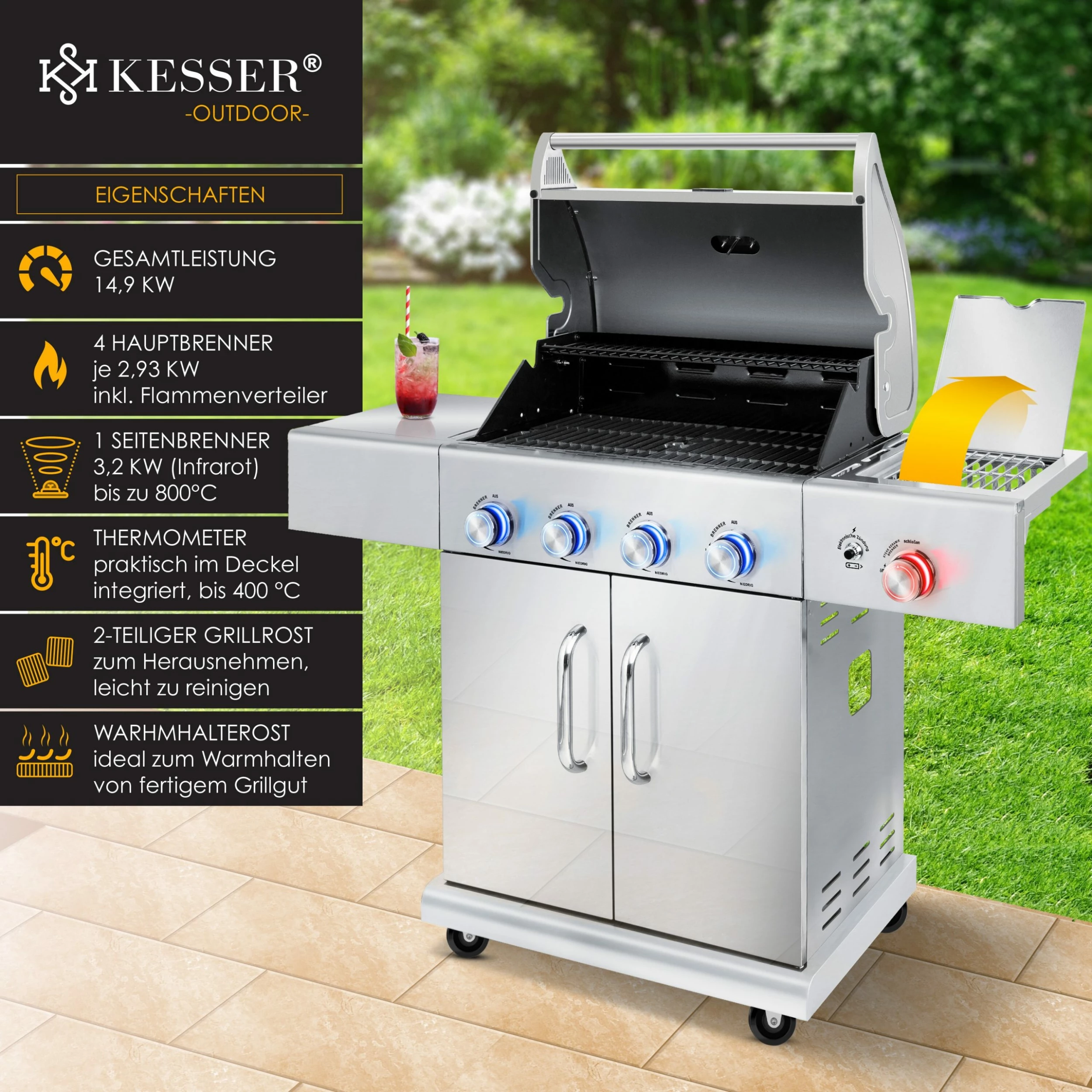 KESSER® Gasgrill Master BBQ Mit 800°C Infrarot & Grill-Thermometer, LED-Beleuchtung , Keramik 4+1 Brenner Aus Edelstahl XXL Grillwagen Grill, Seitenkocher, 5-11 KG Gasflasche Piezozündung – Bild 3