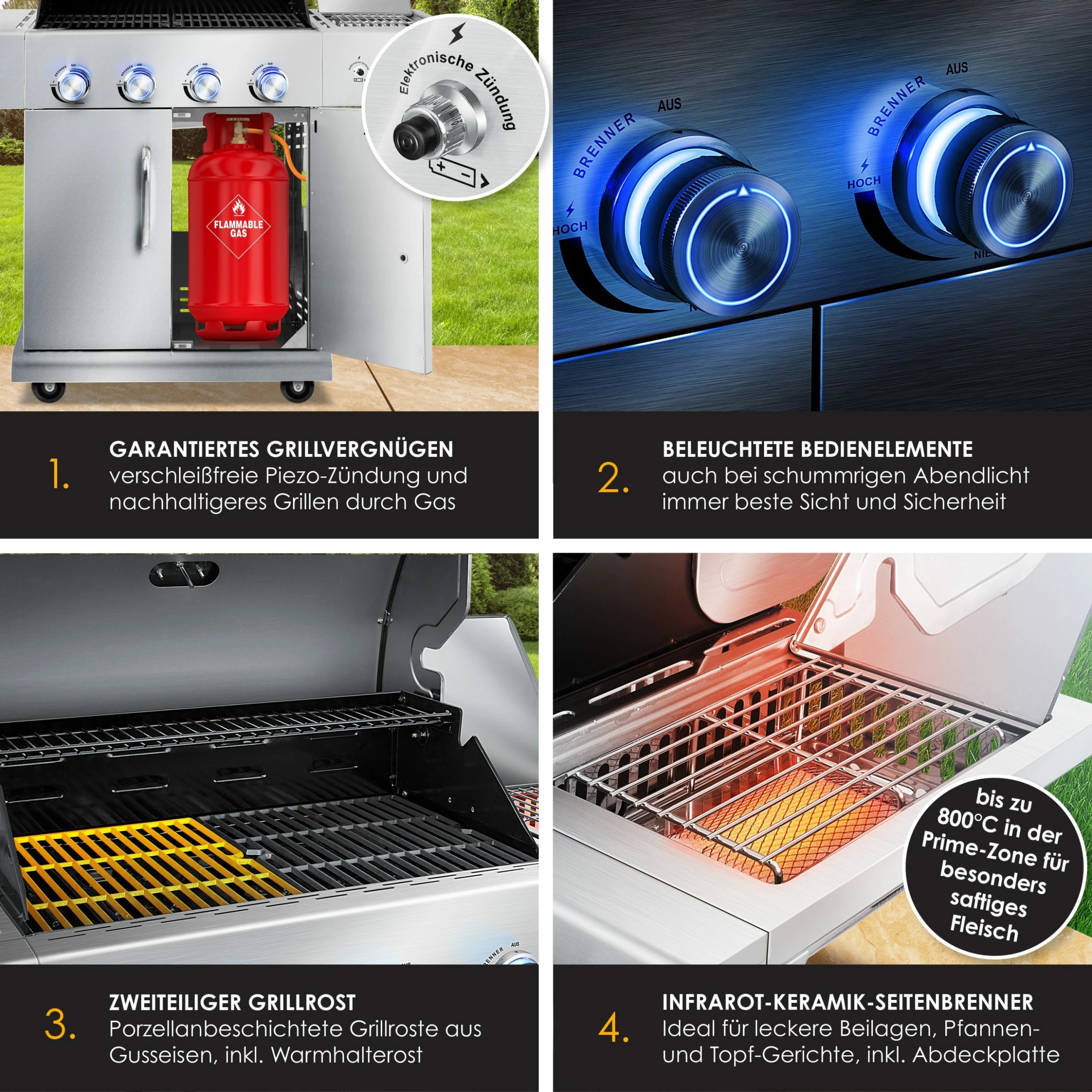 KESSER® Gasgrill Master BBQ Mit 800°C Infrarot & Grill-Thermometer, LED-Beleuchtung , Keramik 4+1 Brenner Aus Edelstahl XXL Grillwagen Grill, Seitenkocher, 5-11 KG Gasflasche Piezozündung – Bild 4