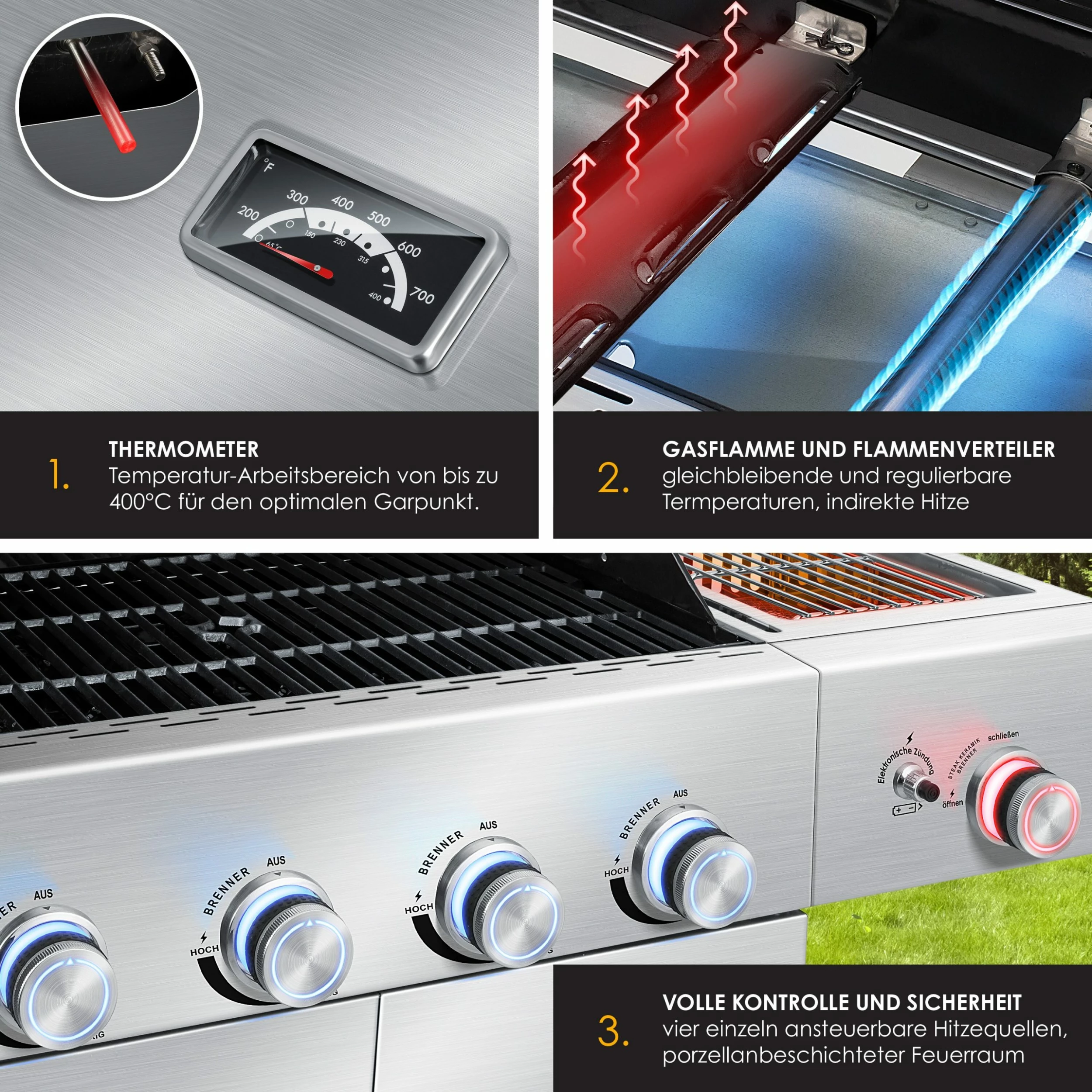 KESSER® Gasgrill Master BBQ Mit 800°C Infrarot & Grill-Thermometer, LED-Beleuchtung , Keramik 4+1 Brenner Aus Edelstahl XXL Grillwagen Grill, Seitenkocher, 5-11 KG Gasflasche Piezozündung – Bild 5