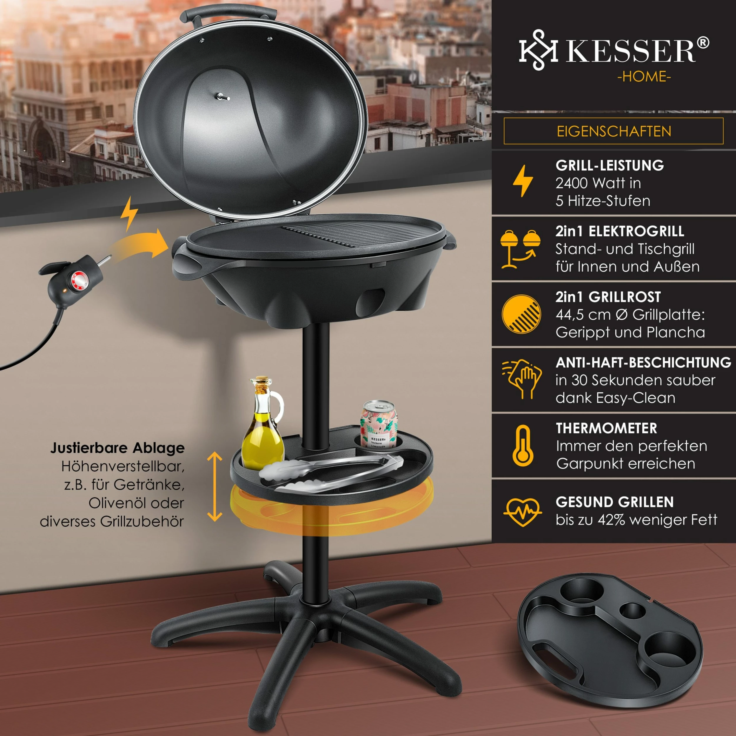 KESSER® Elektrischer Elektrogrill 2in1 Tischgrill - Standgrill Mit Deckel Standfuß | Max. 2400 Watt Thermometer | Antihaftbeschichtung | XXL Grillplatte | Integrierte Ablagefläche Elektro-Säulengrill – Bild 2