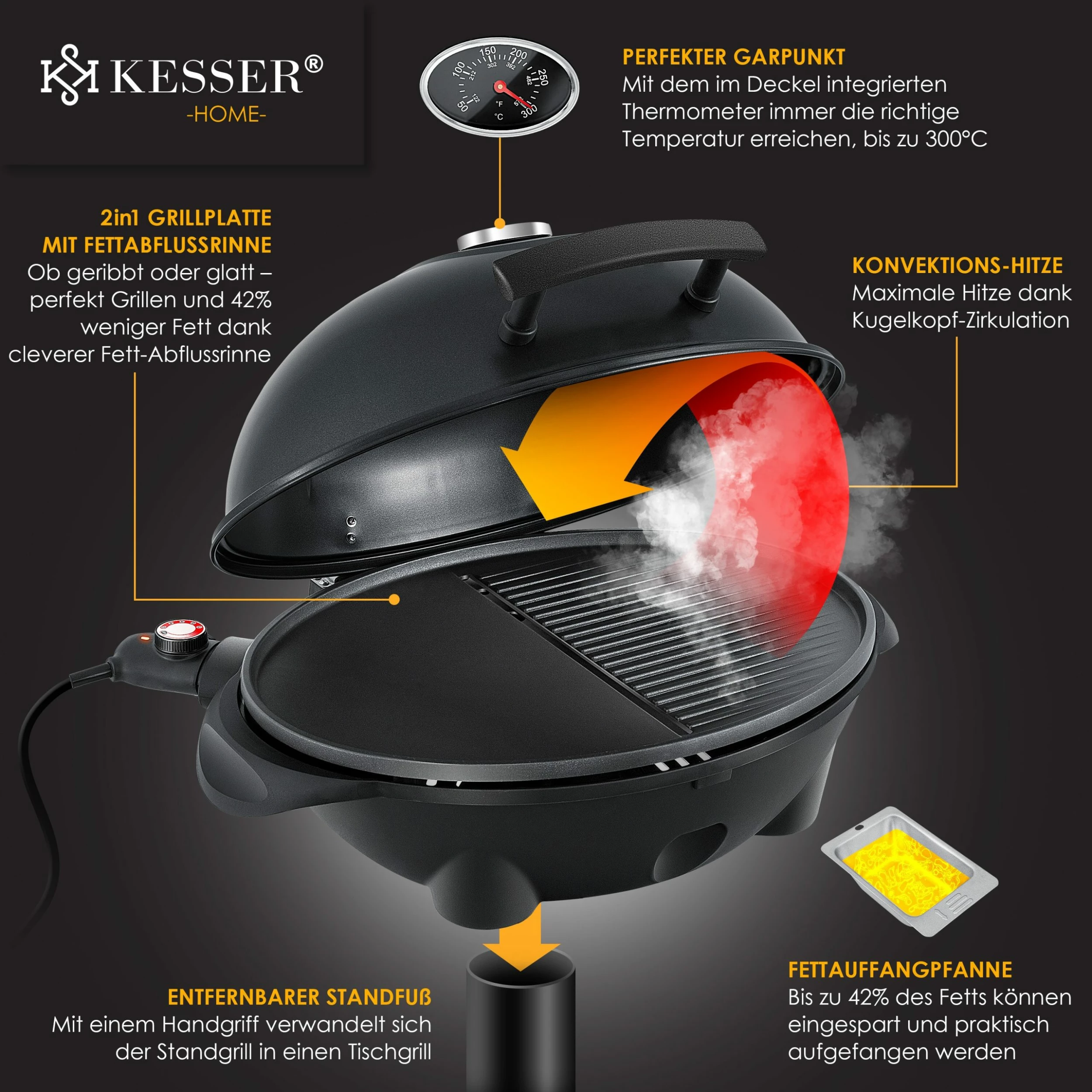 KESSER® Elektrischer Elektrogrill 2in1 Tischgrill - Standgrill Mit Deckel Standfuß | Max. 2400 Watt Thermometer | Antihaftbeschichtung | XXL Grillplatte | Integrierte Ablagefläche Elektro-Säulengrill – Bild 3