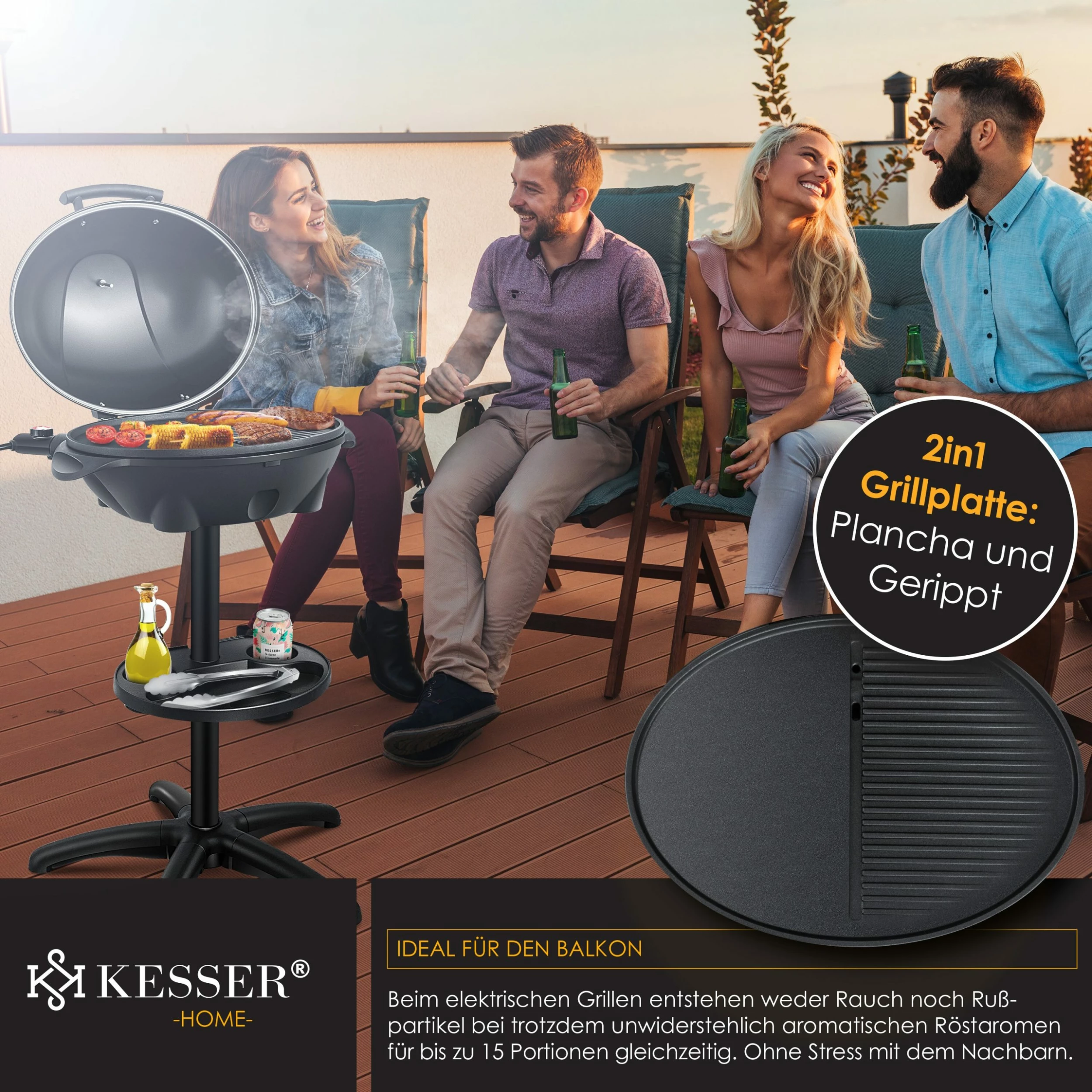 KESSER® Elektrischer Elektrogrill 2in1 Tischgrill - Standgrill Mit Deckel Standfuß | Max. 2400 Watt Thermometer | Antihaftbeschichtung | XXL Grillplatte | Integrierte Ablagefläche Elektro-Säulengrill – Bild 4