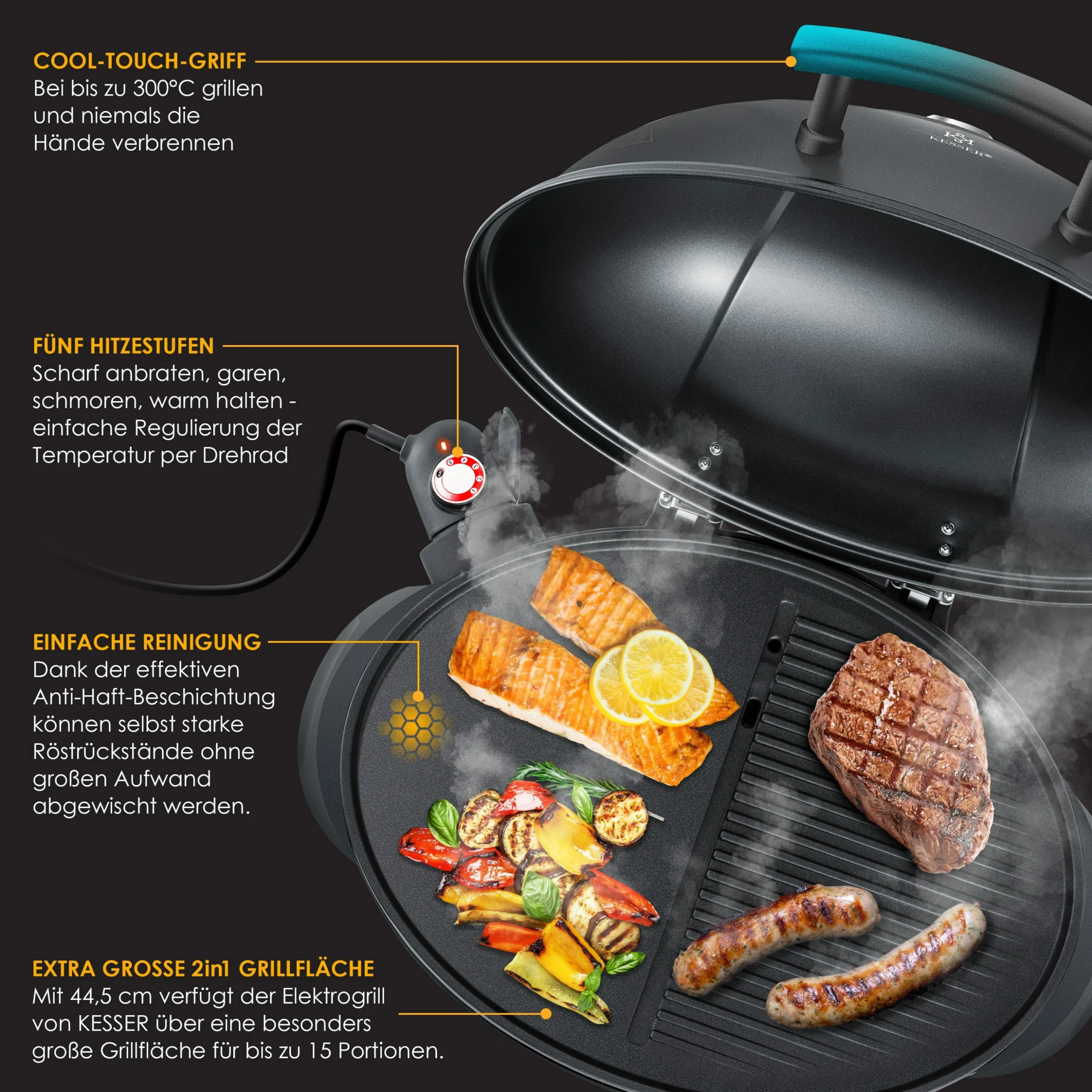 KESSER® Elektrischer Elektrogrill 2in1 Tischgrill - Standgrill Mit Deckel Standfuß | Max. 2400 Watt Thermometer | Antihaftbeschichtung | XXL Grillplatte | Integrierte Ablagefläche Elektro-Säulengrill – Bild 6