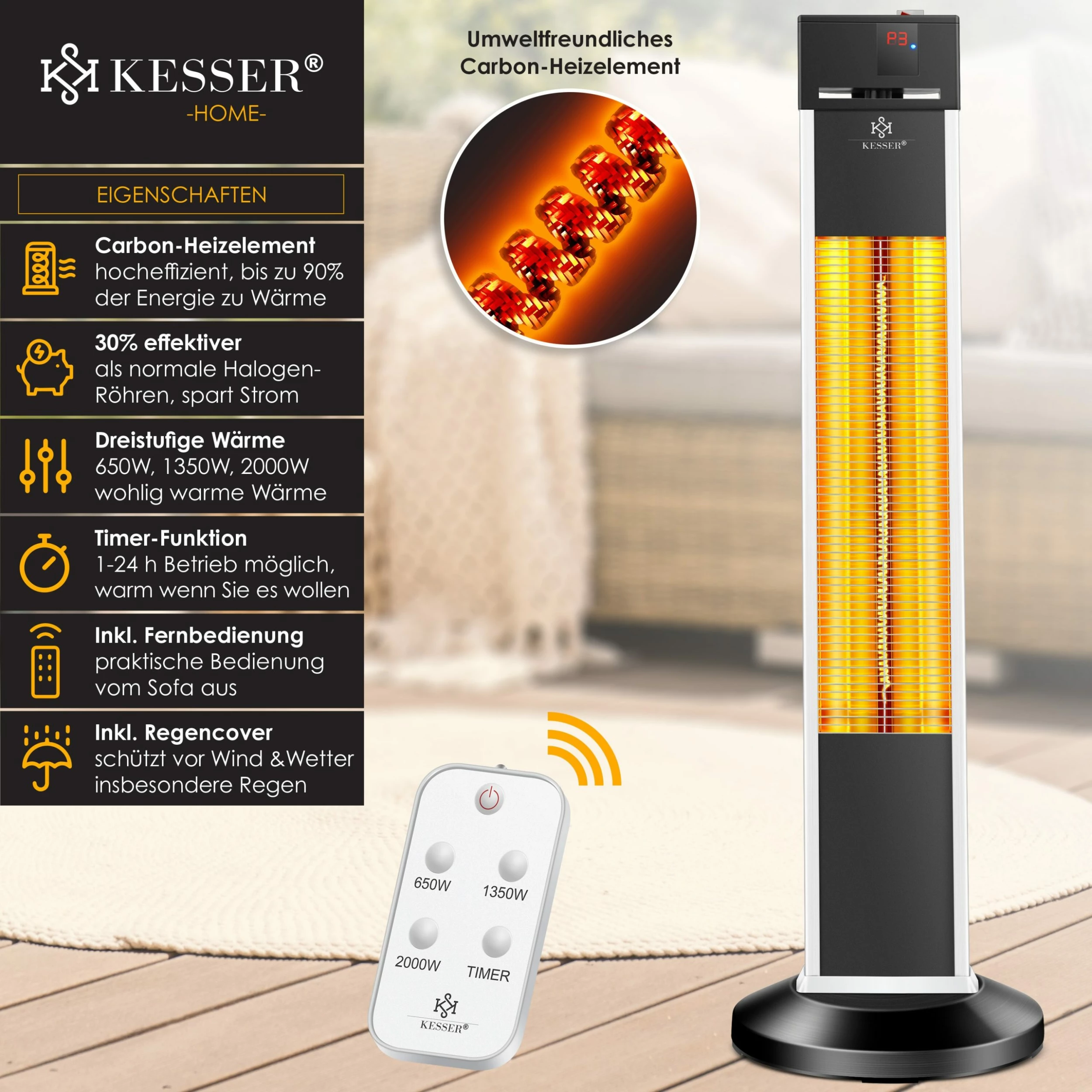 KESSER® Standheizstrahler Infrarot Stand Heizstrahler Inkl. Schutzhülle Wärmestrahler Terrasse Infrarotstrahler Turmheizstrahler 3 Heizstufen 2000 Watt Terrassenstrahler Mit Fernbedienung Timer – Bild 2
