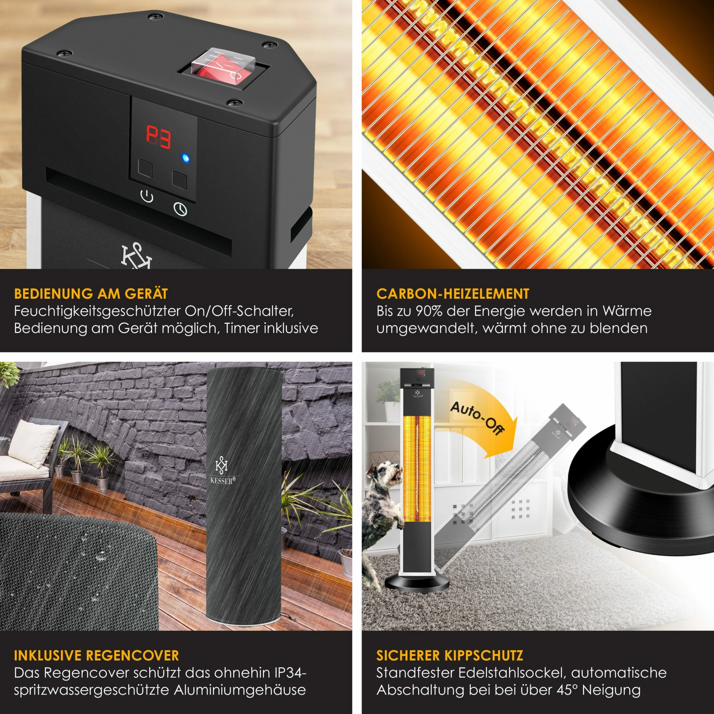 KESSER® Standheizstrahler Infrarot Stand Heizstrahler Inkl. Schutzhülle Wärmestrahler Terrasse Infrarotstrahler Turmheizstrahler 3 Heizstufen 2000 Watt Terrassenstrahler Mit Fernbedienung Timer – Bild 3