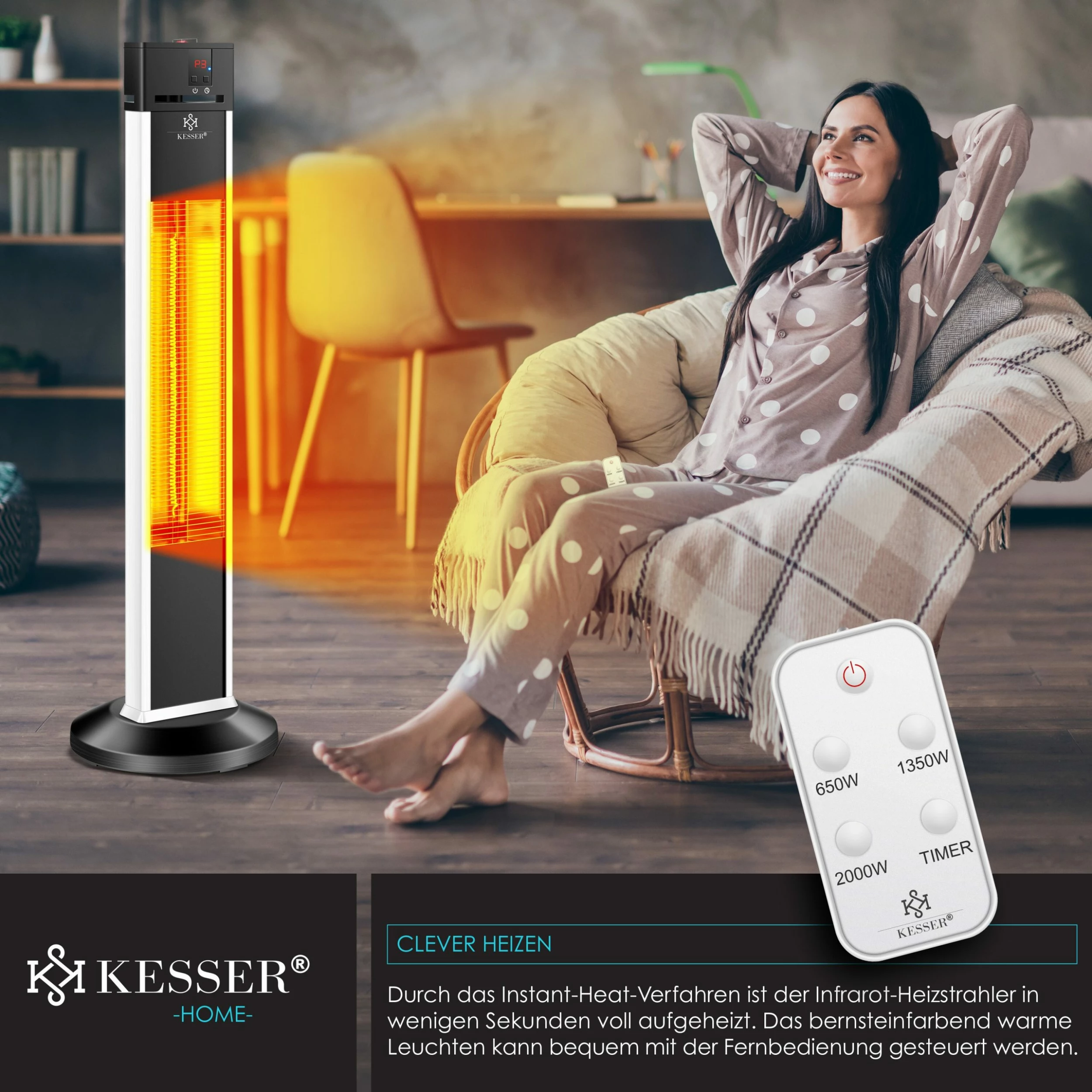 KESSER® Standheizstrahler Infrarot Stand Heizstrahler Inkl. Schutzhülle Wärmestrahler Terrasse Infrarotstrahler Turmheizstrahler 3 Heizstufen 2000 Watt Terrassenstrahler Mit Fernbedienung Timer – Bild 6
