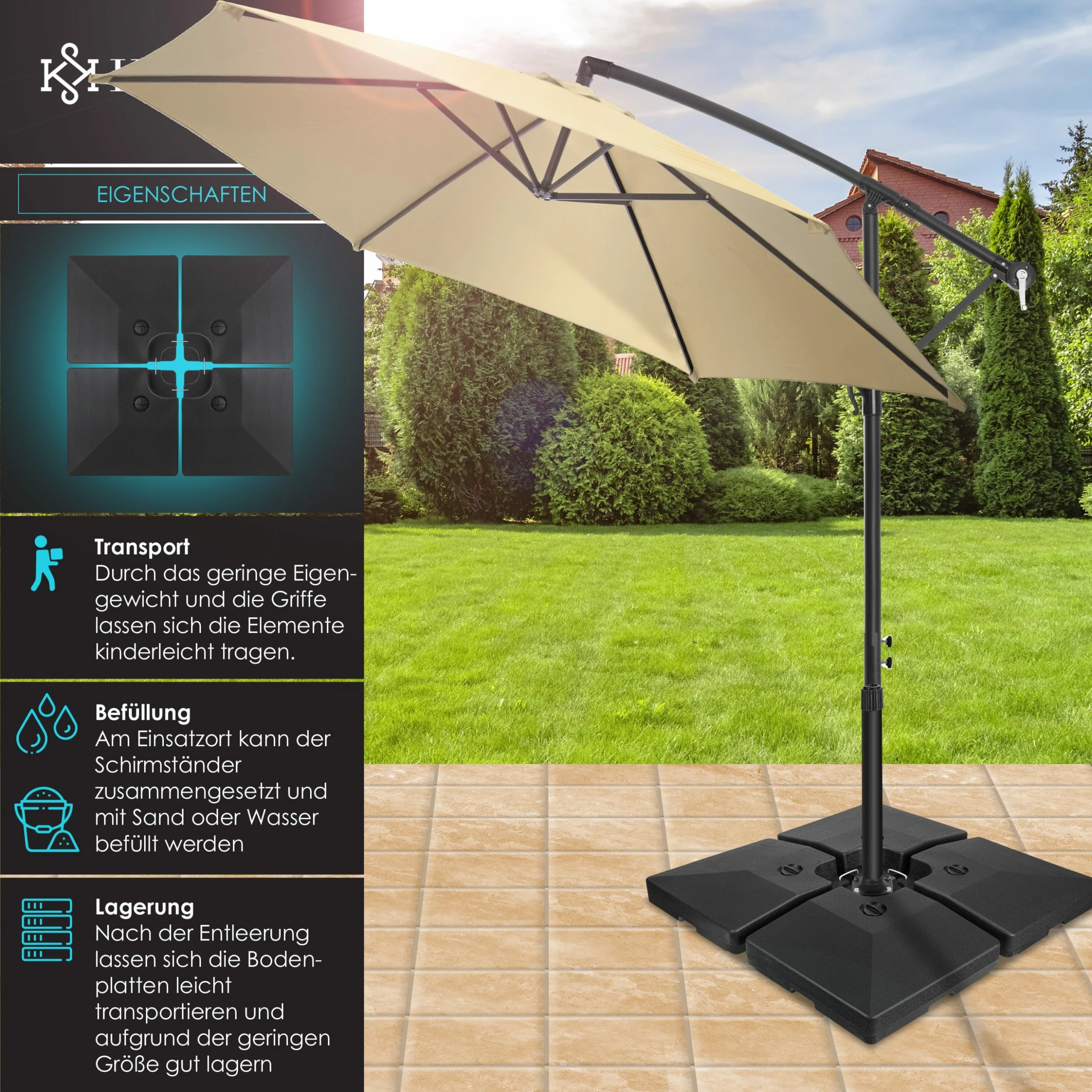 KESSER® Sonnenschirmständer 4-teilig Schirmgewicht Schirmständer Für Ampelschirm Bodenkreuz 90 Liter / 120 Kg Befüllbar Mit Wasser Oder Sand Inkl. Metallverbinder Ampelschirmständer Kunststoff – Bild 4