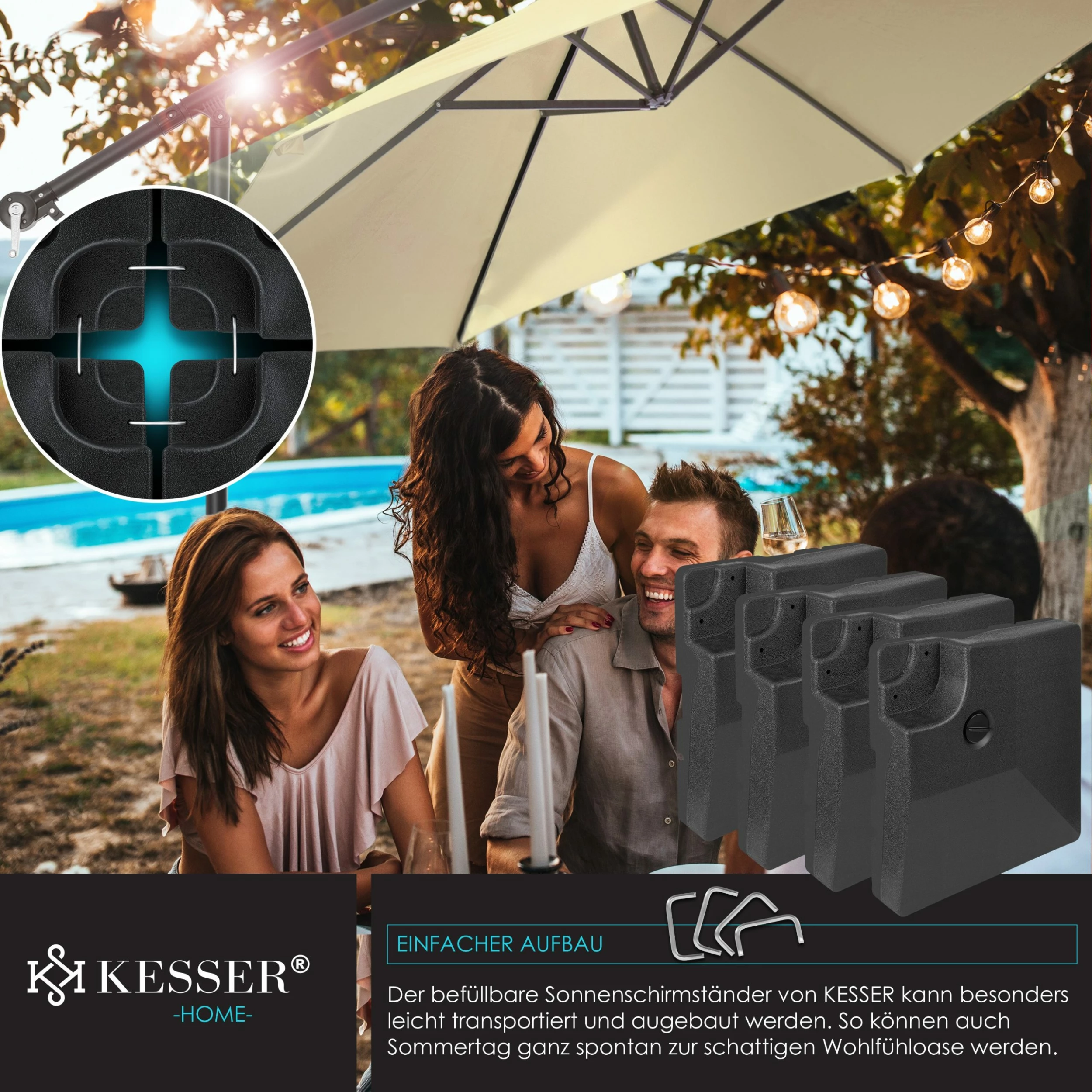 KESSER® Sonnenschirmständer 4-teilig Schirmgewicht Schirmständer Für Ampelschirm Bodenkreuz 90 Liter / 120 Kg Befüllbar Mit Wasser Oder Sand Inkl. Metallverbinder Ampelschirmständer Kunststoff – Bild 5