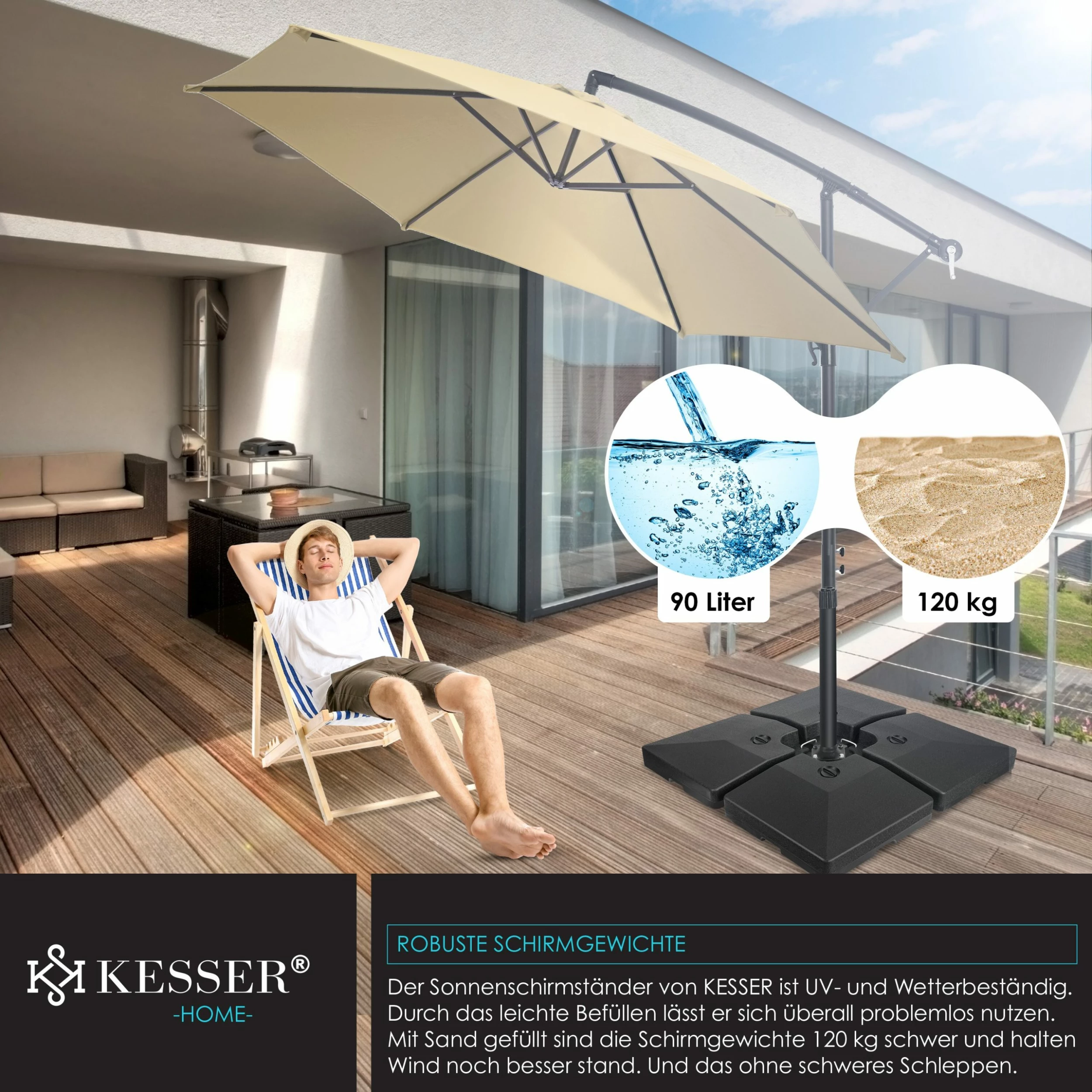 KESSER® Sonnenschirmständer 4-teilig Schirmgewicht Schirmständer Für Ampelschirm Bodenkreuz 90 Liter / 120 Kg Befüllbar Mit Wasser Oder Sand Inkl. Metallverbinder Ampelschirmständer Kunststoff – Bild 6