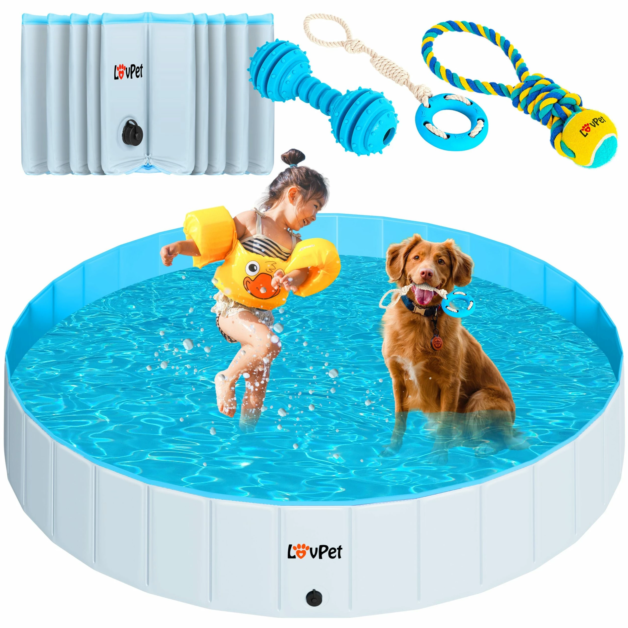 LOVPET® Faltbarer Hundepool Schwimmbecken Für Große & Kleine Hunde, Inkl. Hundespielzeug Faltbare Hunde Pools Planschbecken Für Kinder Und Hunde, Hundebadewanne Hundebad