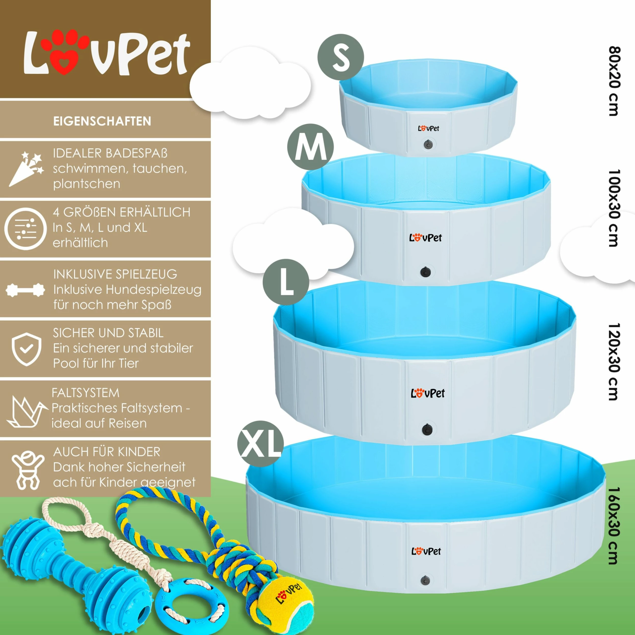 LOVPET® Faltbarer Hundepool Schwimmbecken Für Große & Kleine Hunde, Inkl. Hundespielzeug Faltbare Hunde Pools Planschbecken Für Kinder Und Hunde, Hundebadewanne Hundebad – Bild 2