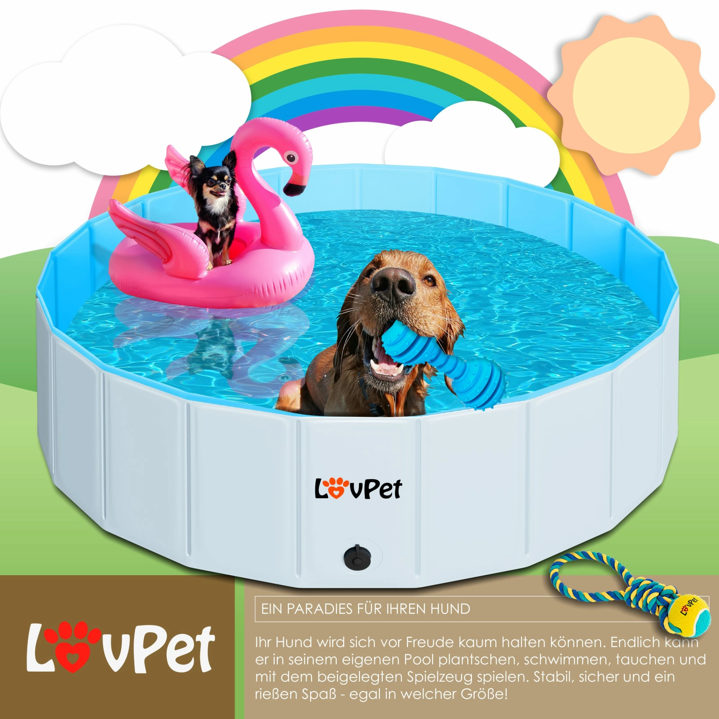 LOVPET® Faltbarer Hundepool Schwimmbecken Für Große & Kleine Hunde, Inkl. Hundespielzeug Faltbare Hunde Pools Planschbecken Für Kinder Und Hunde, Hundebadewanne Hundebad – Bild 3