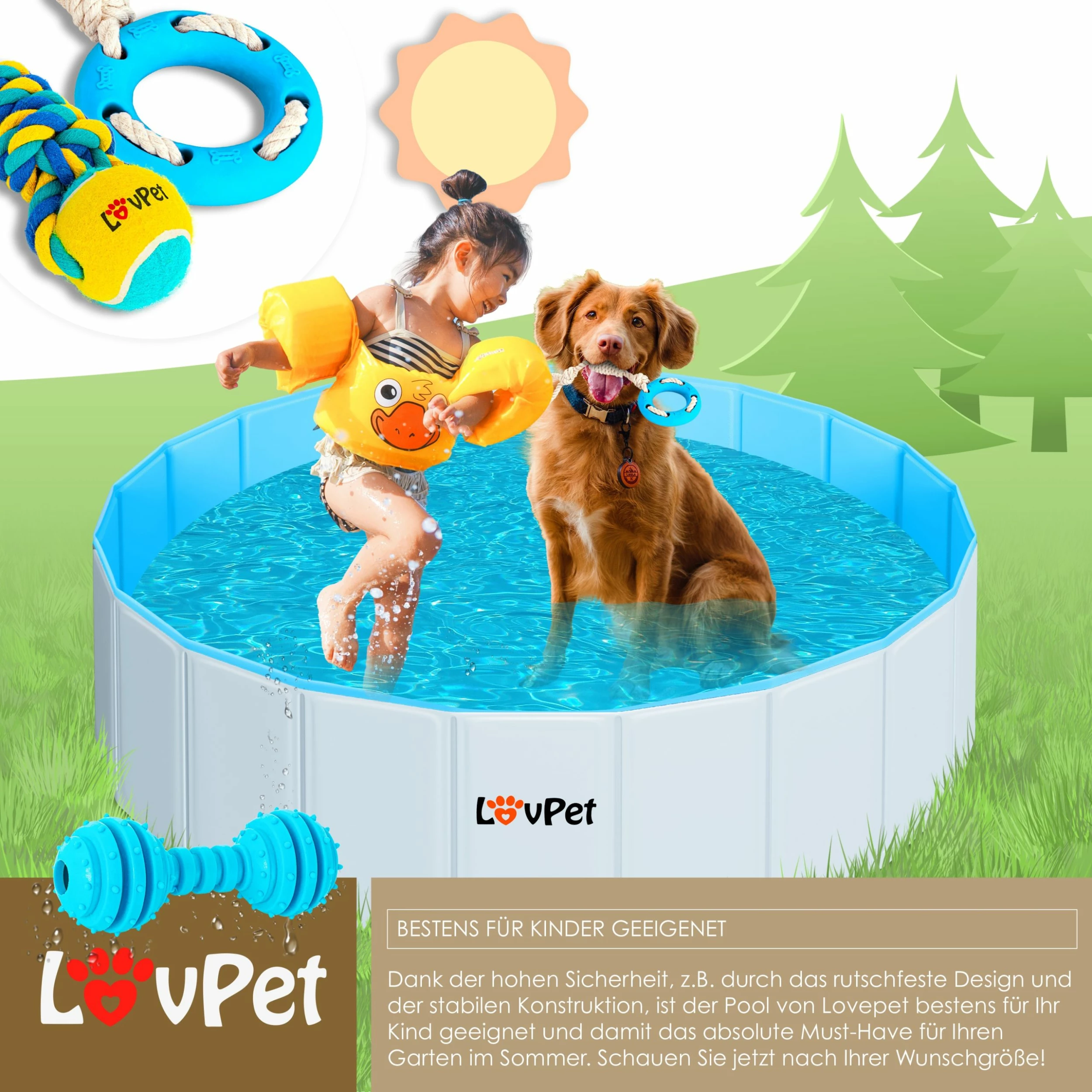 LOVPET® Faltbarer Hundepool Schwimmbecken Für Große & Kleine Hunde, Inkl. Hundespielzeug Faltbare Hunde Pools Planschbecken Für Kinder Und Hunde, Hundebadewanne Hundebad – Bild 5