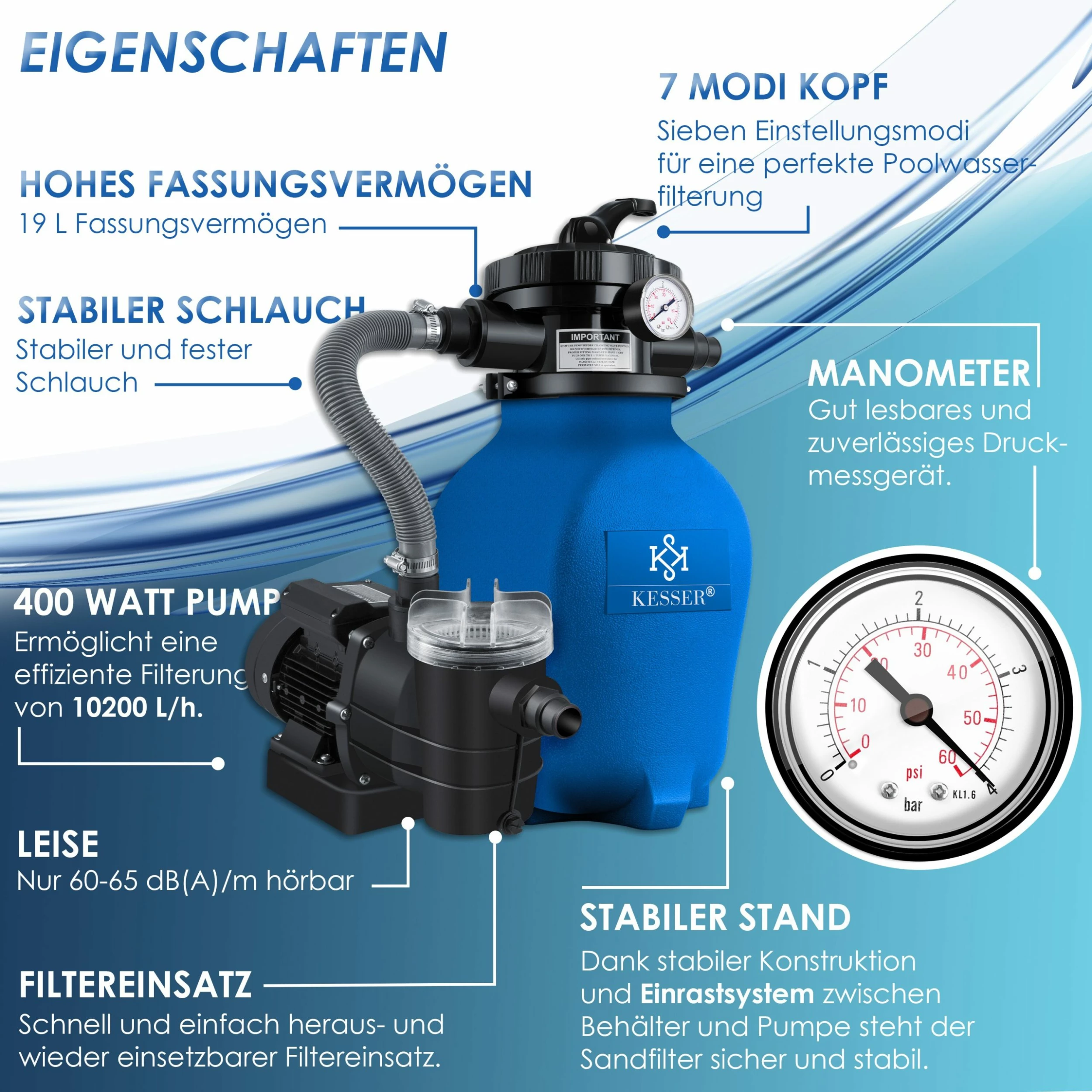 KESSER® Sandfilteranlage Sandfilter + 700g Filterbälle Ersetzen 25kg Filtersand 7-Wege Ventil Mit Druckanzeige Poolfilter 10 M³/h Filteranlage Filterkessel Für Pool Schwimmbecken 10.200 L/h – Bild 2