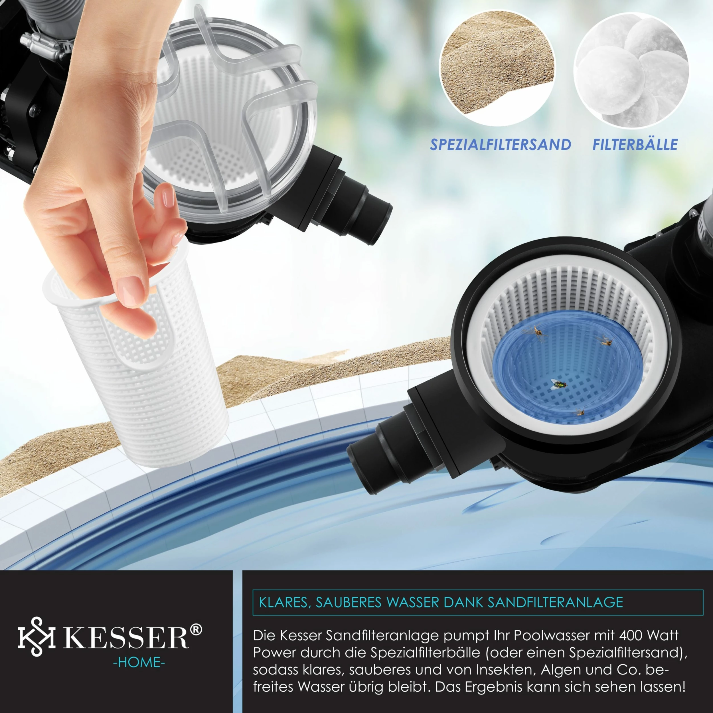 KESSER® Sandfilteranlage Sandfilter + 700g Filterbälle Ersetzen 25kg Filtersand 7-Wege Ventil Mit Druckanzeige Poolfilter 10 M³/h Filteranlage Filterkessel Für Pool Schwimmbecken 10.200 L/h – Bild 3