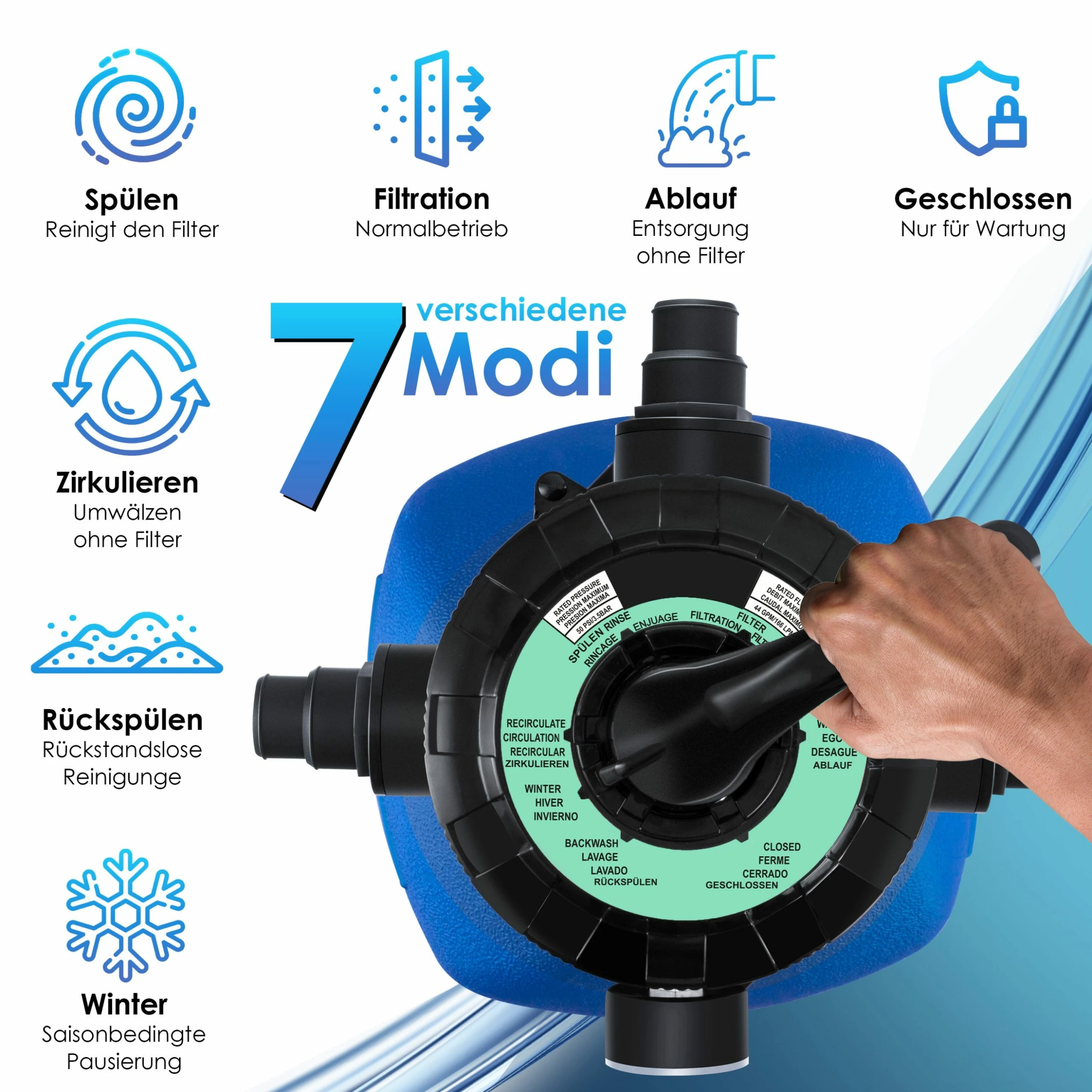 KESSER® Sandfilteranlage Sandfilter + 700g Filterbälle Ersetzen 25kg Filtersand 7-Wege Ventil Mit Druckanzeige Poolfilter 10 M³/h Filteranlage Filterkessel Für Pool Schwimmbecken 10.200 L/h – Bild 4