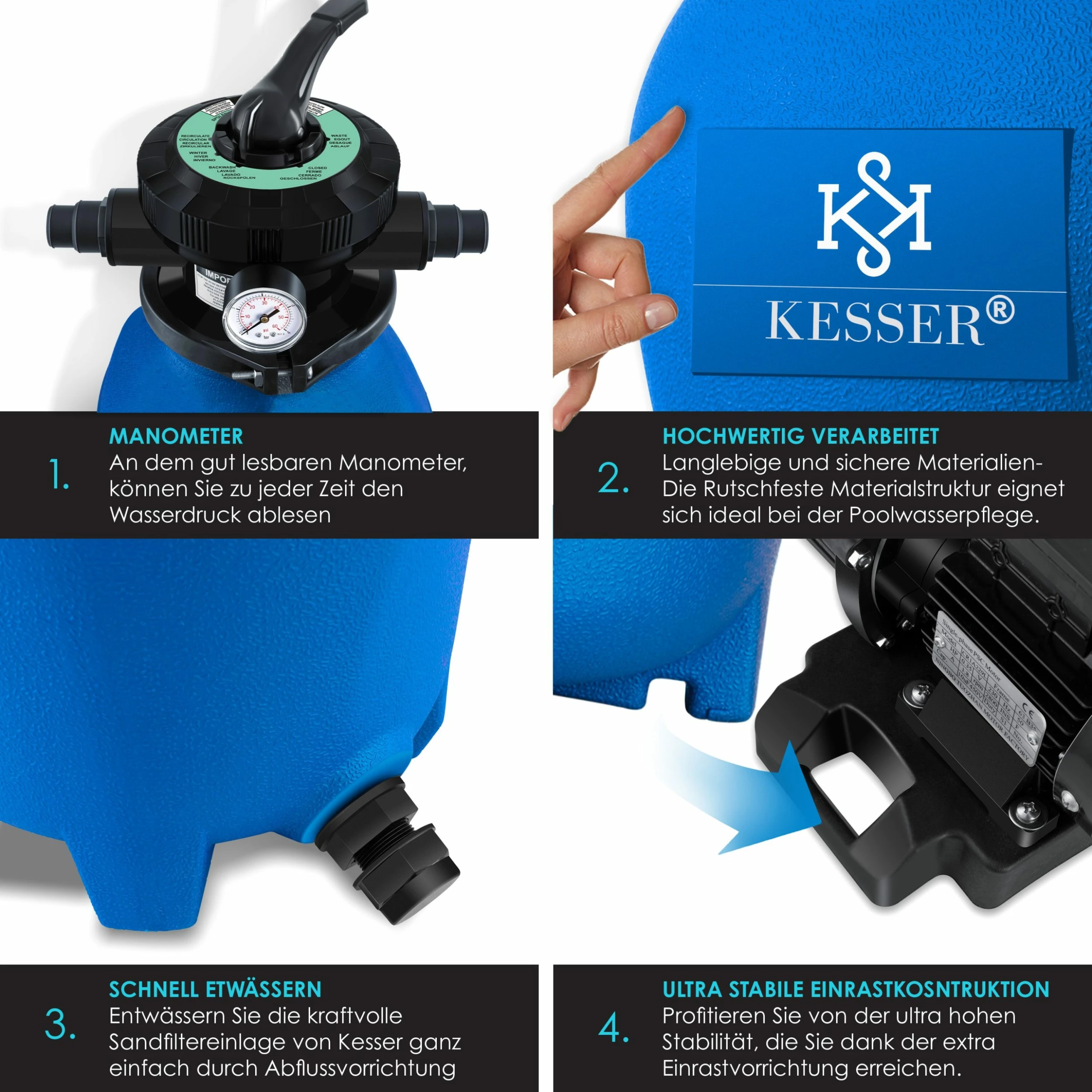 KESSER® Sandfilteranlage Sandfilter + 700g Filterbälle Ersetzen 25kg Filtersand 7-Wege Ventil Mit Druckanzeige Poolfilter 10 M³/h Filteranlage Filterkessel Für Pool Schwimmbecken 10.200 L/h – Bild 5