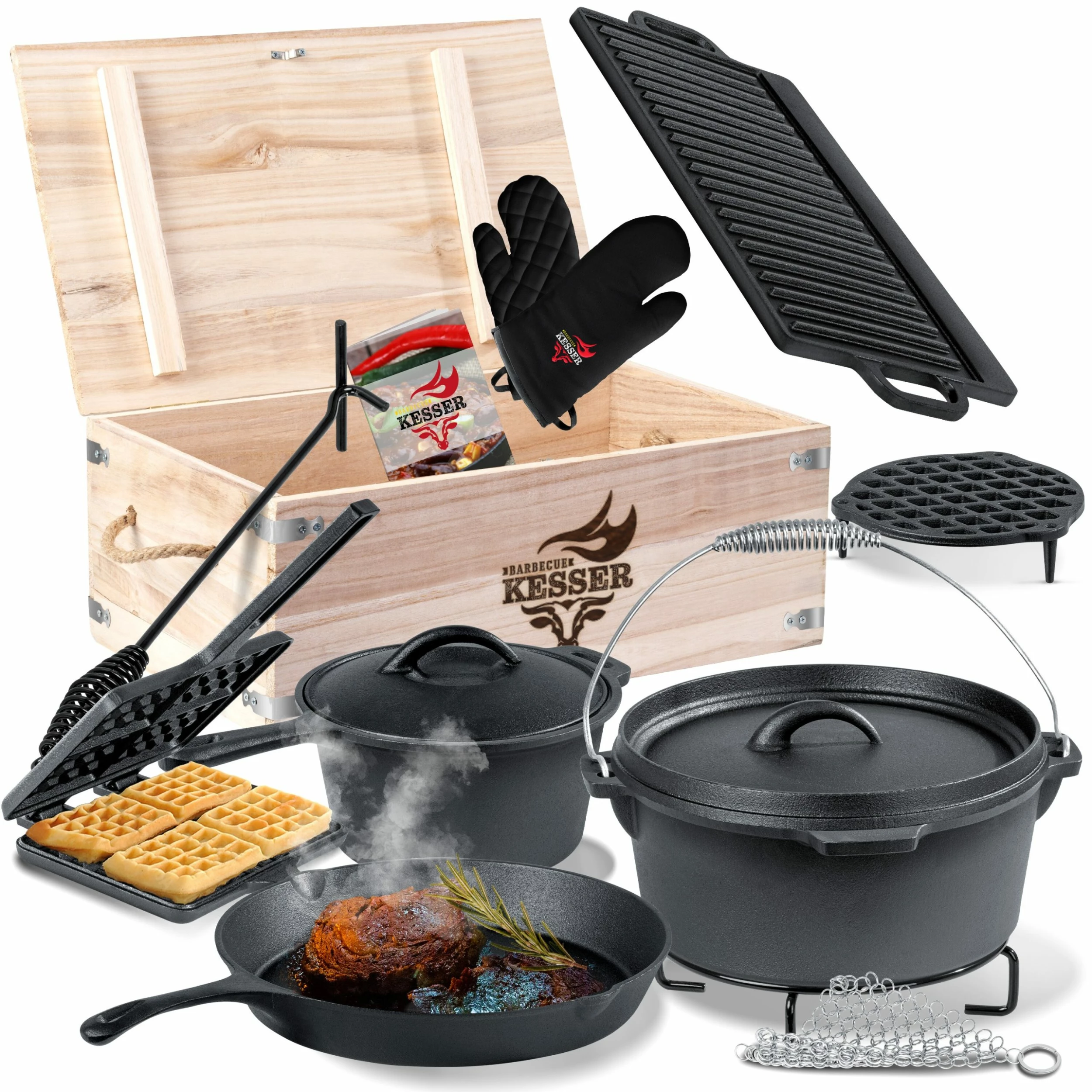 KESSER® Dutch Oven Set In Holzkiste Mit Dutch Oven Mit Viel Zubehör - Gusseisen - Bereits Eingebrannt Mit Kochtopf Grillplatte Pfanne Deckelheber Inkl. Rezeptbuch Handschuhe