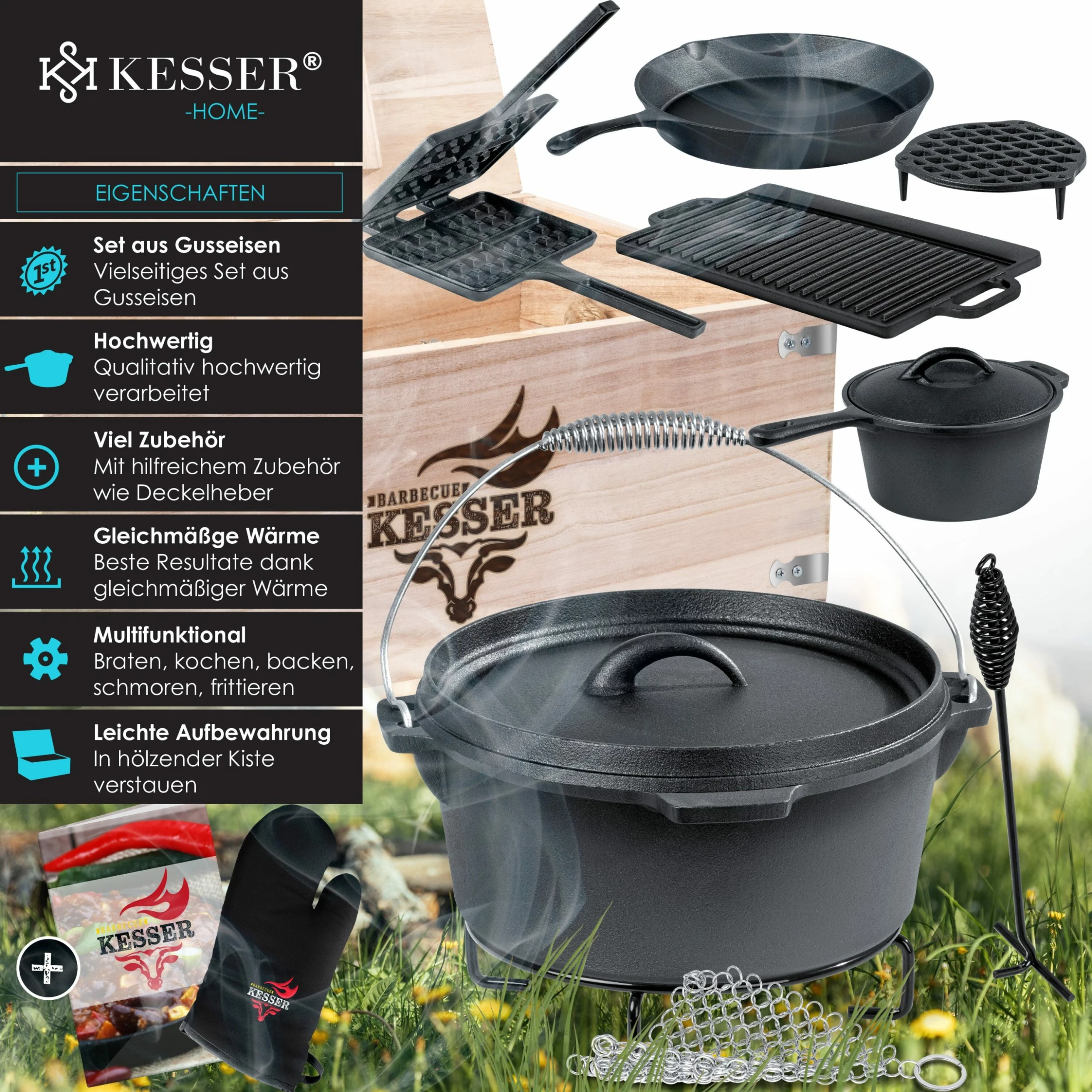 KESSER® Dutch Oven Set In Holzkiste Mit Dutch Oven Mit Viel Zubehör - Gusseisen - Bereits Eingebrannt Mit Kochtopf Grillplatte Pfanne Deckelheber Inkl. Rezeptbuch Handschuhe – Bild 2