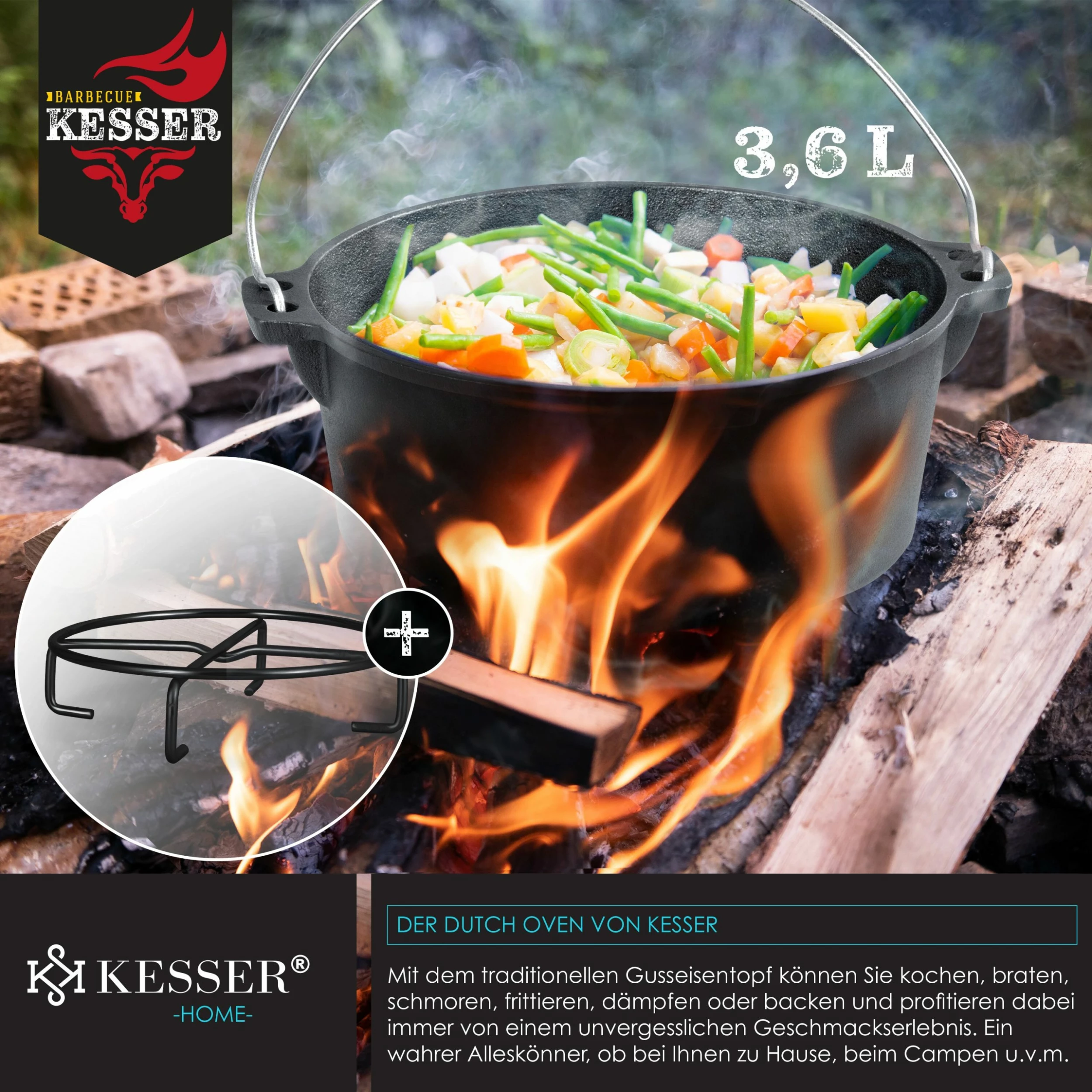 KESSER® Dutch Oven Set In Holzkiste Mit Dutch Oven Mit Viel Zubehör - Gusseisen - Bereits Eingebrannt Mit Kochtopf Grillplatte Pfanne Deckelheber Inkl. Rezeptbuch Handschuhe – Bild 3