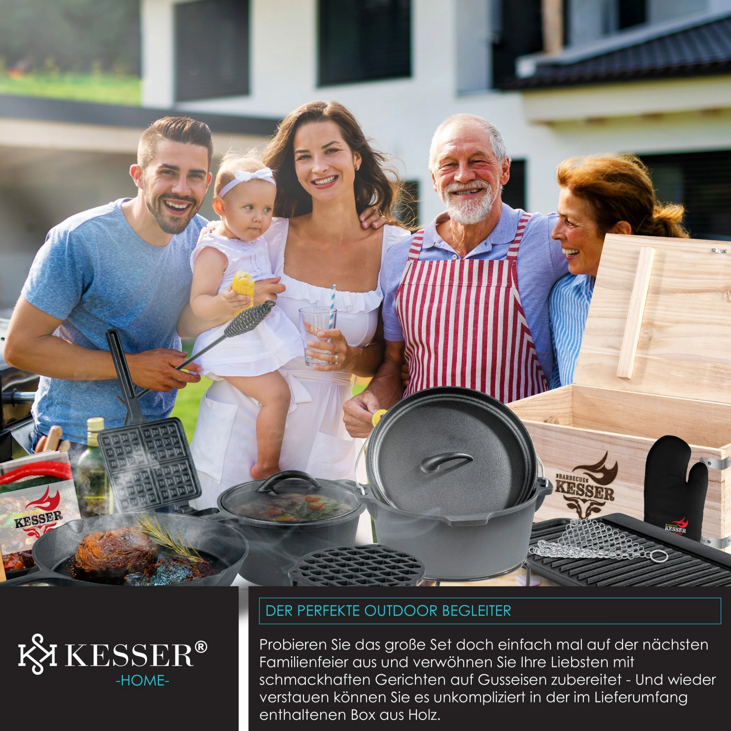 KESSER® Dutch Oven Set In Holzkiste Mit Dutch Oven Mit Viel Zubehör - Gusseisen - Bereits Eingebrannt Mit Kochtopf Grillplatte Pfanne Deckelheber Inkl. Rezeptbuch Handschuhe – Bild 4