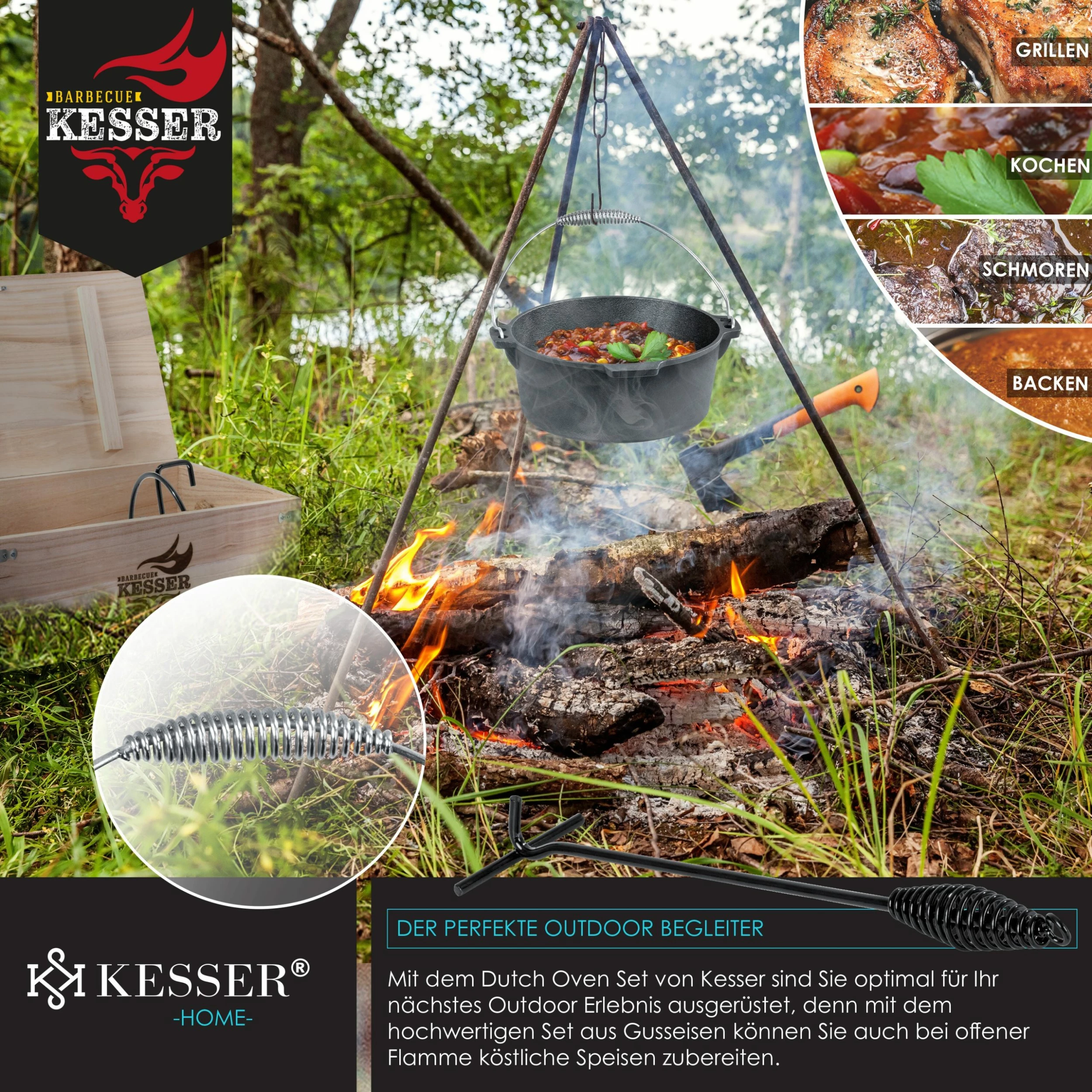 KESSER® Dutch Oven Set In Holzkiste Mit Dutch Oven Mit Viel Zubehör - Gusseisen - Bereits Eingebrannt Mit Kochtopf Grillplatte Pfanne Deckelheber Inkl. Rezeptbuch Handschuhe – Bild 6