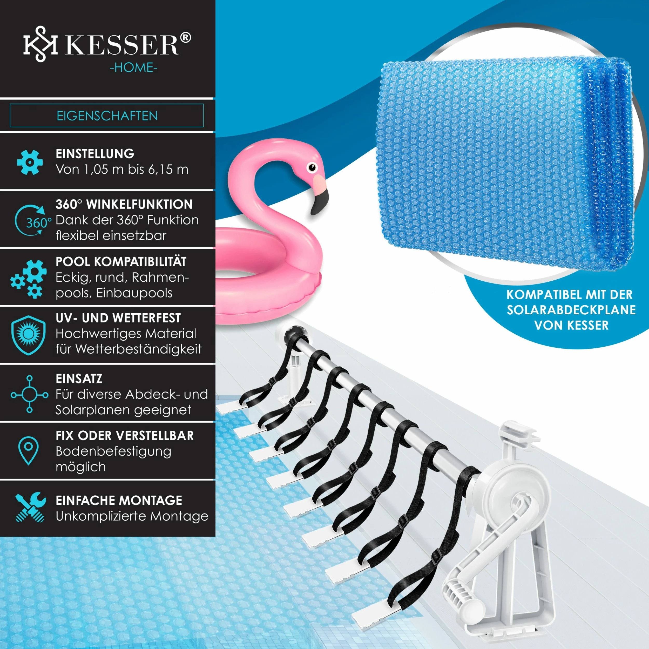 KESSER® Pool Aufroller Premium Aufrollsystem 1,05m - 6,15 M | Für Solarplane | Mobiles Aufrollvorrichtung Für Poolplane & Abdeckung | Inkl. Bänder | Witterungsbeständiges Material – Bild 2