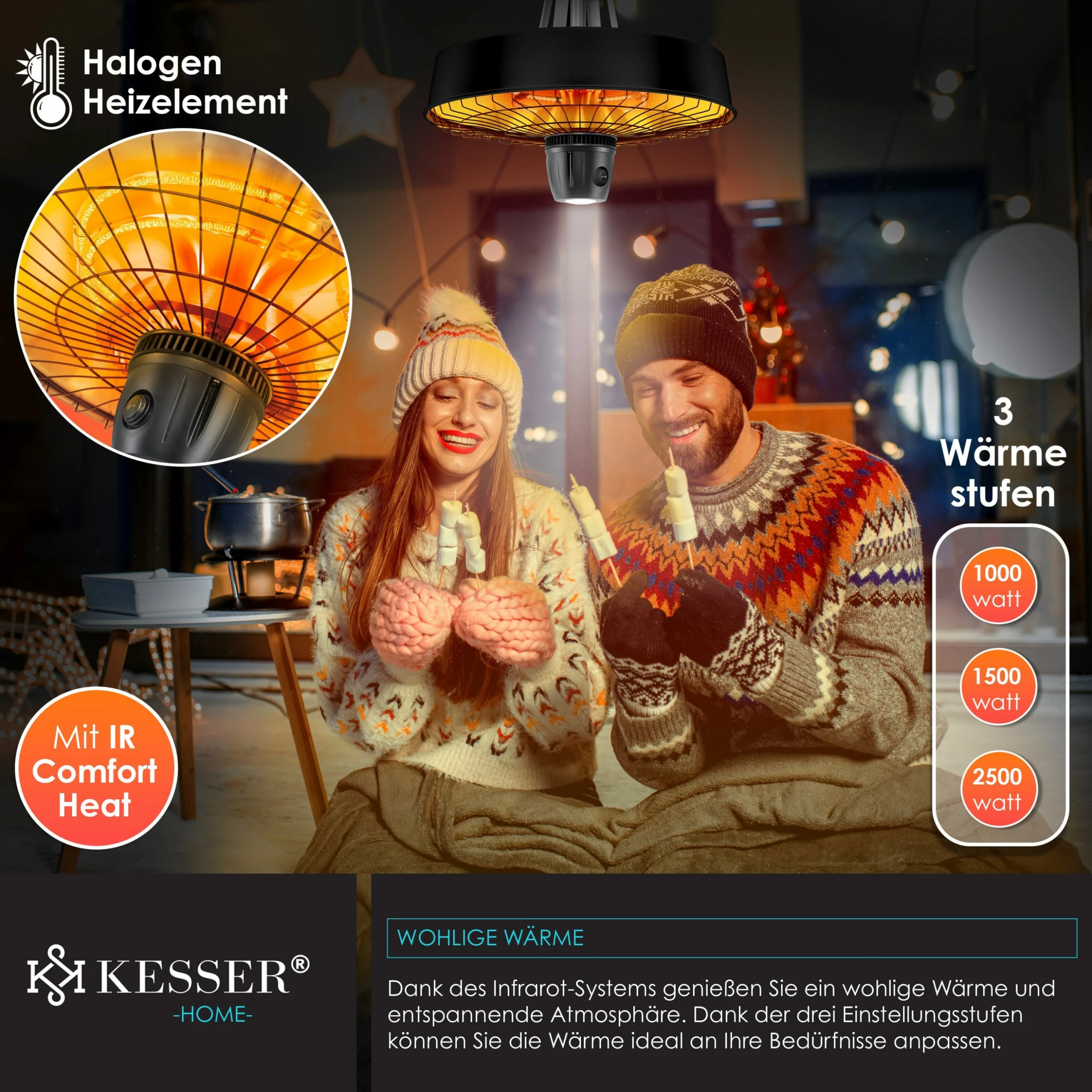 KESSER® Deckenheizstrahler Heizpilz Infrarot-Heizstrahler 2500W Terrassenstrahler Mit Fernbedienung Quarzstrahler | LED Licht | Decke | Infrarotstrahler | Mit Kette + Karabinerhaken Carbon-Heizelement – Bild 3