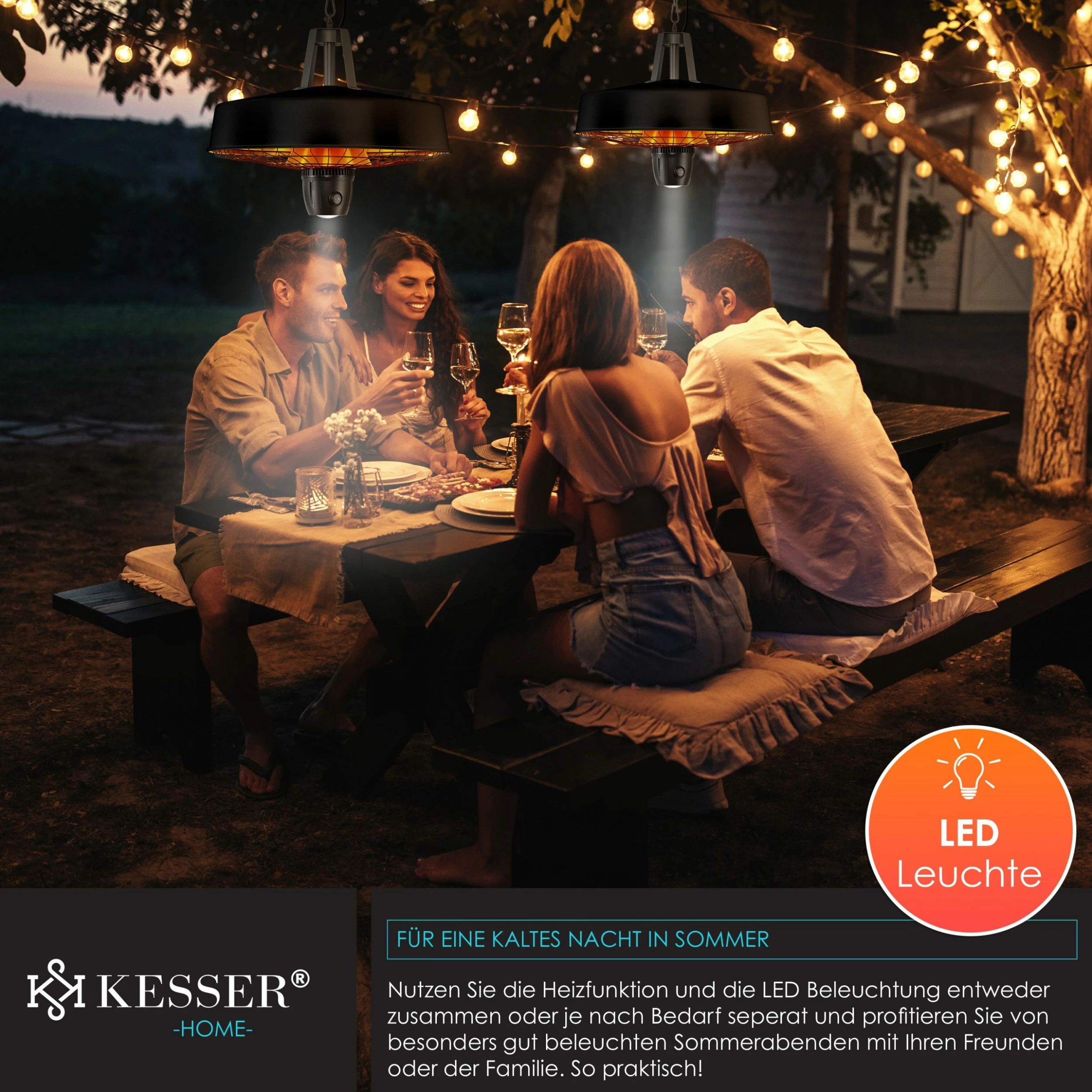 KESSER® Deckenheizstrahler Heizpilz Infrarot-Heizstrahler 2500W Terrassenstrahler Mit Fernbedienung Quarzstrahler | LED Licht | Decke | Infrarotstrahler | Mit Kette + Karabinerhaken Carbon-Heizelement – Bild 4