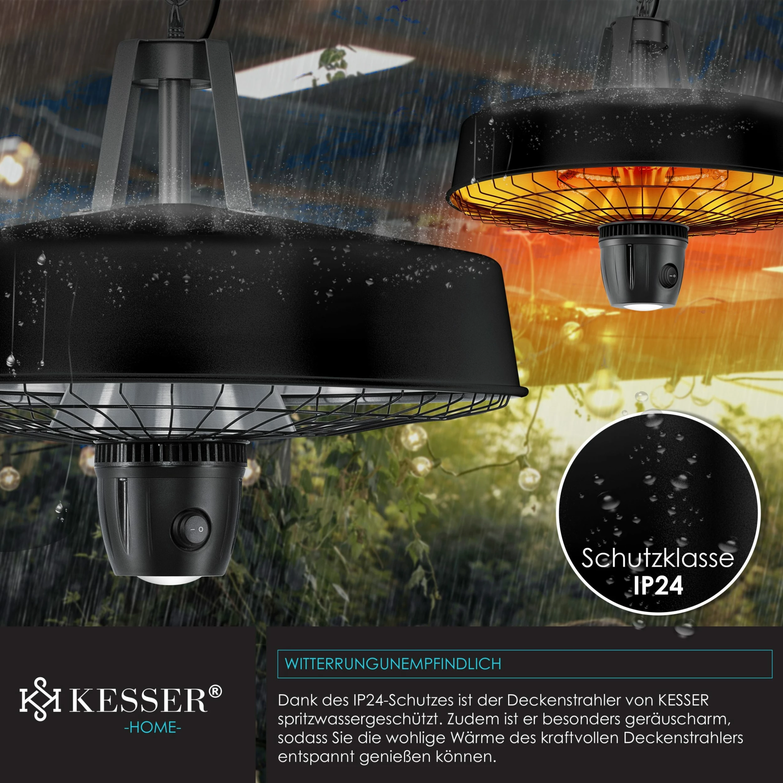 KESSER® Deckenheizstrahler Heizpilz Infrarot-Heizstrahler 2500W Terrassenstrahler Mit Fernbedienung Quarzstrahler | LED Licht | Decke | Infrarotstrahler | Mit Kette + Karabinerhaken Carbon-Heizelement – Bild 5
