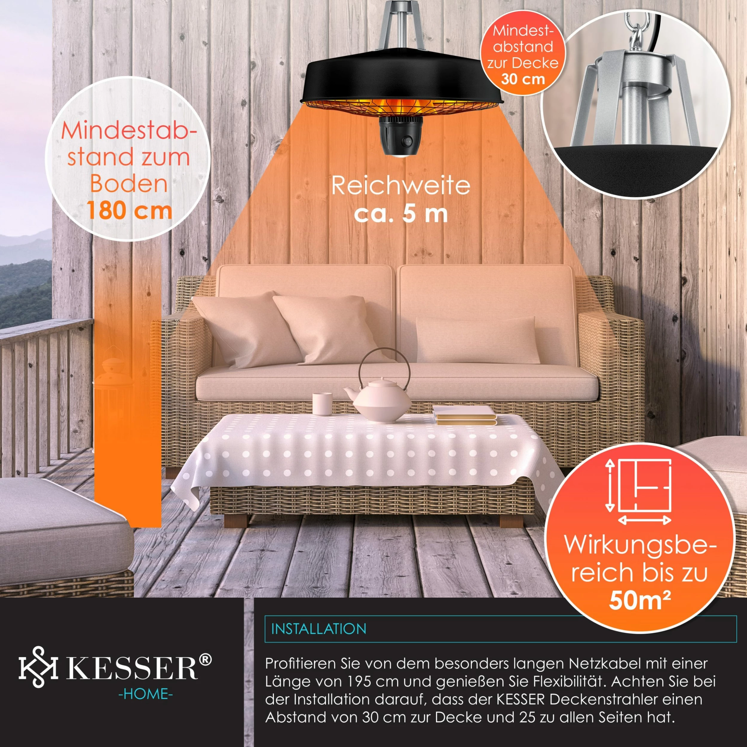 KESSER® Deckenheizstrahler Heizpilz Infrarot-Heizstrahler 2500W Terrassenstrahler Mit Fernbedienung Quarzstrahler | LED Licht | Decke | Infrarotstrahler | Mit Kette + Karabinerhaken Carbon-Heizelement – Bild 6
