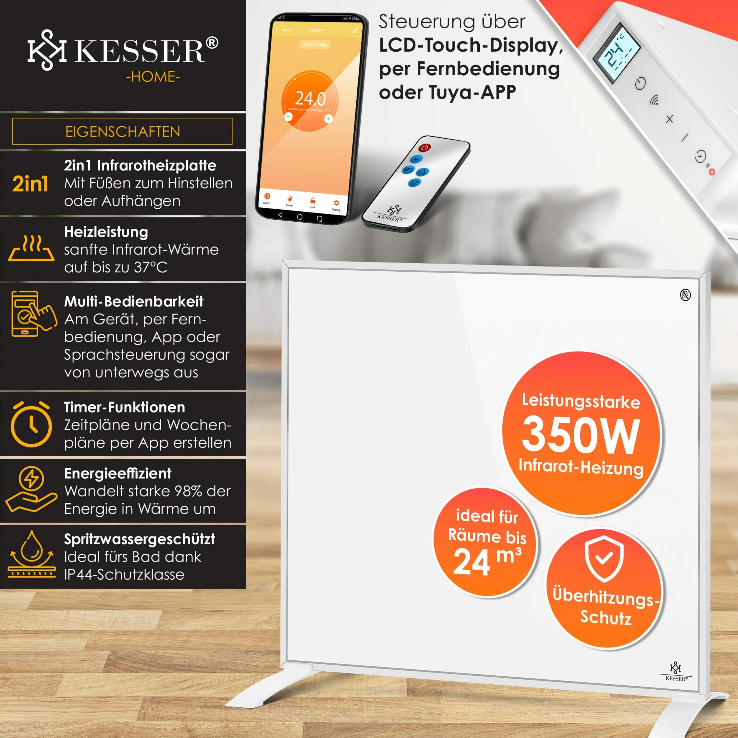 KESSER® Infrarotheizung Energiesparend Infrarot 2in1 Standgerät & Wandmontage Elektroheizung Mit Fernbedienung Thermostat & App-Steuerung Timer Elektrisch Heizpaneel Heizung Konvektor Standfüße – Bild 2