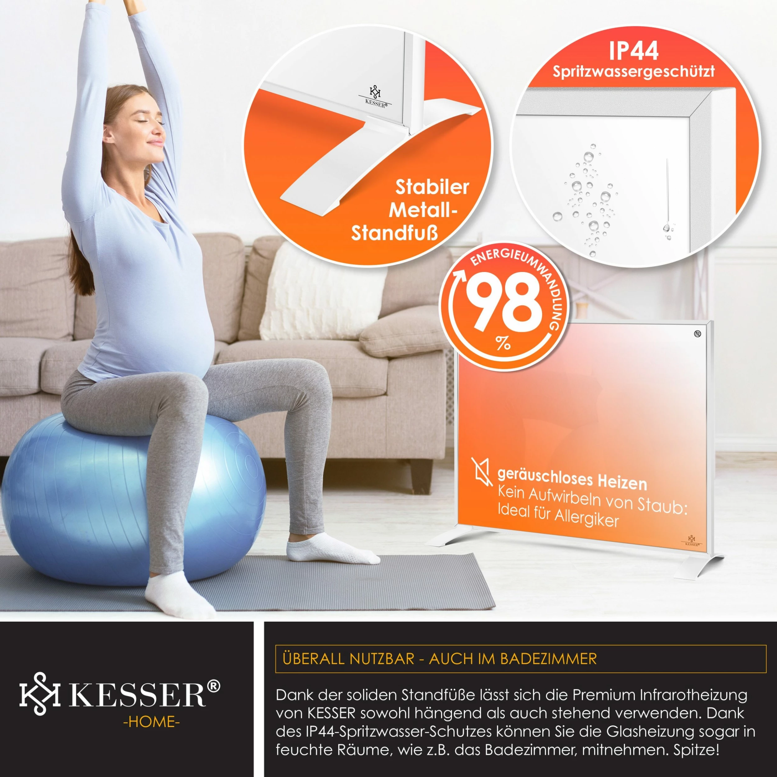 KESSER® Infrarotheizung Energiesparend Infrarot 2in1 Standgerät & Wandmontage Elektroheizung Mit Fernbedienung Thermostat & App-Steuerung Timer Elektrisch Heizpaneel Heizung Konvektor Standfüße – Bild 6