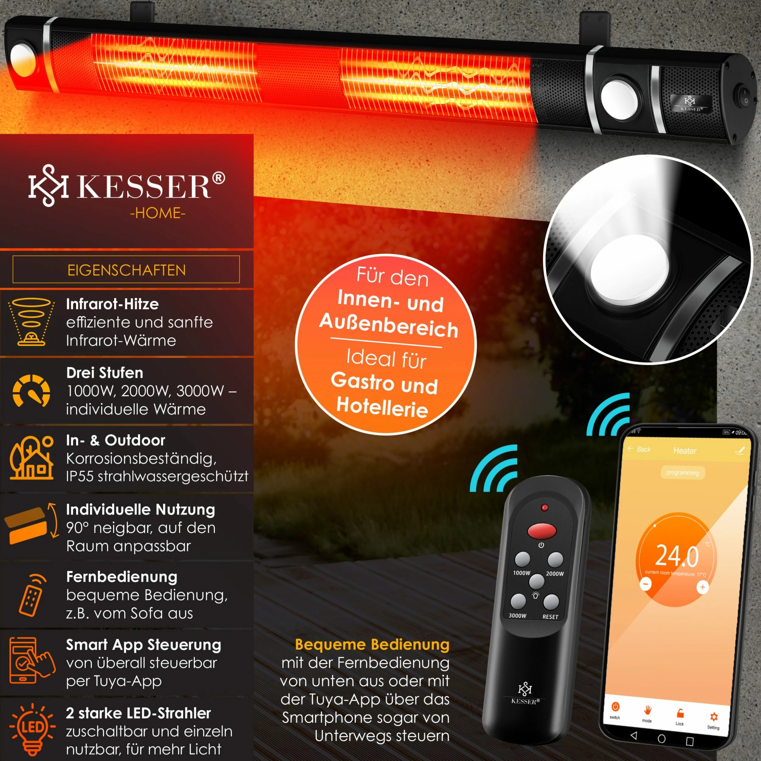 KESSER® Infrarot Heizstrahler 3000W IR-Gastro-Bar Inkl. LED Licht Terrassenstrahler Mit WiFi & Fernbedienung Inkl. Schutzhülle Infrarotstrahler Quarzstrahler Terrassenheizer Wand-Heizstrahler – Bild 2