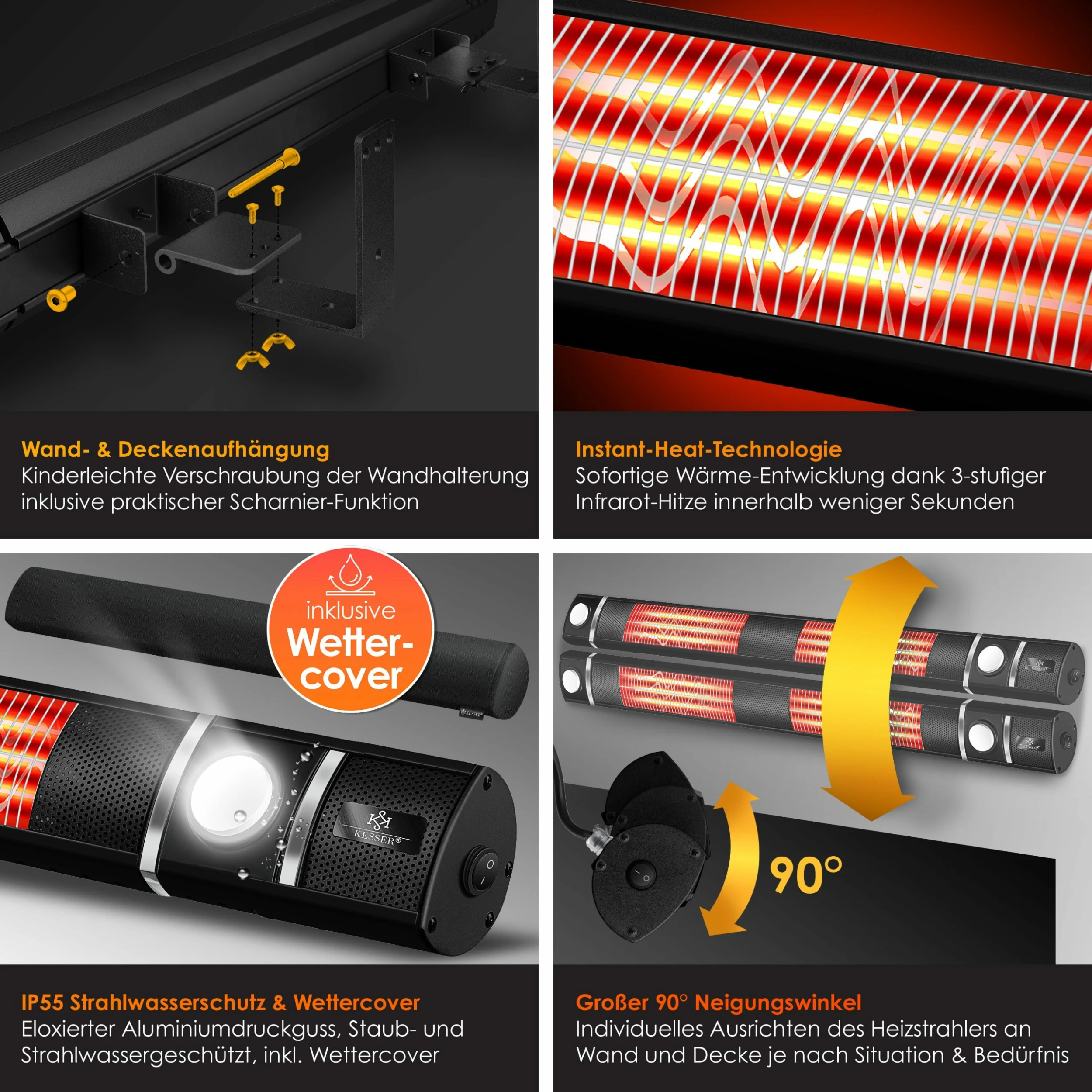 KESSER® Infrarot Heizstrahler 3000W IR-Gastro-Bar Inkl. LED Licht Terrassenstrahler Mit WiFi & Fernbedienung Inkl. Schutzhülle Infrarotstrahler Quarzstrahler Terrassenheizer Wand-Heizstrahler – Bild 3