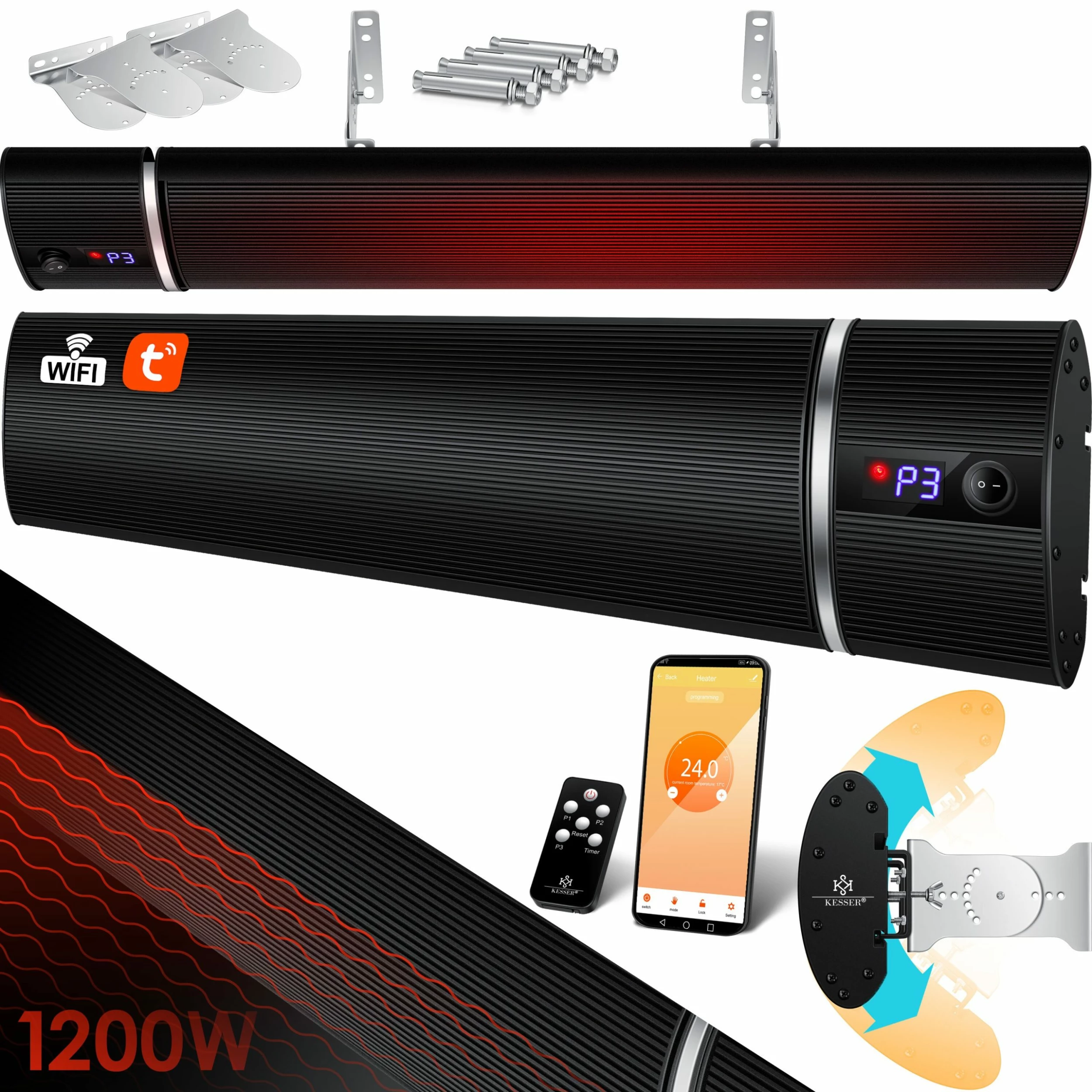 KESSER® Dunkelheizstrahler Heizstrahler Mit Fernbedienung & WiFi APP Terrassenheizer Infrarot-Heizstrahler Wand-Heizstrahler Schwarzstrahler Quarzstrahler Terrassenstrahler Balkonheizer Timer
