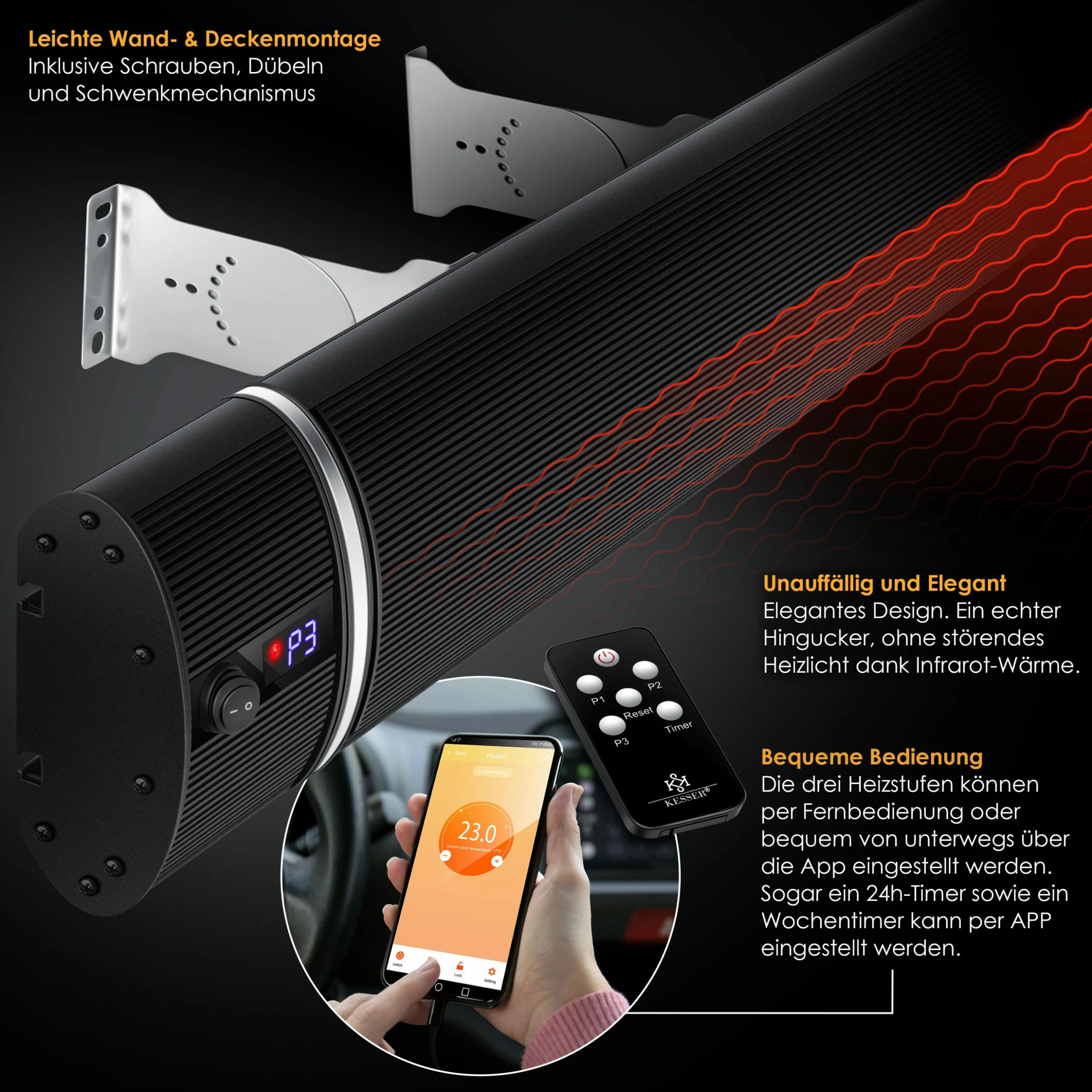 KESSER® Dunkelheizstrahler Heizstrahler Mit Fernbedienung & WiFi APP Terrassenheizer Infrarot-Heizstrahler Wand-Heizstrahler Schwarzstrahler Quarzstrahler Terrassenstrahler Balkonheizer Timer – Bild 3