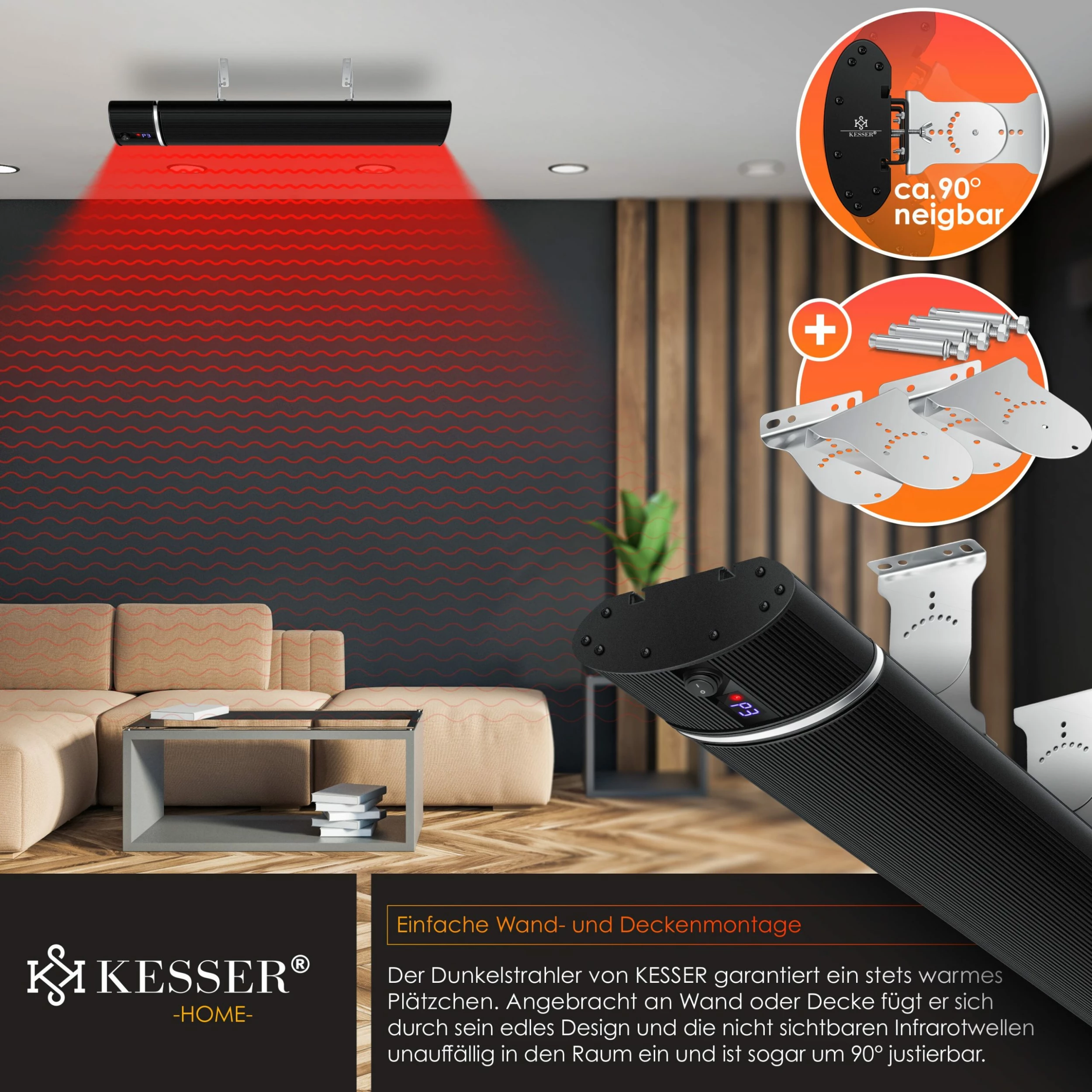 KESSER® Dunkelheizstrahler Heizstrahler Mit Fernbedienung & WiFi APP Terrassenheizer Infrarot-Heizstrahler Wand-Heizstrahler Schwarzstrahler Quarzstrahler Terrassenstrahler Balkonheizer Timer – Bild 4