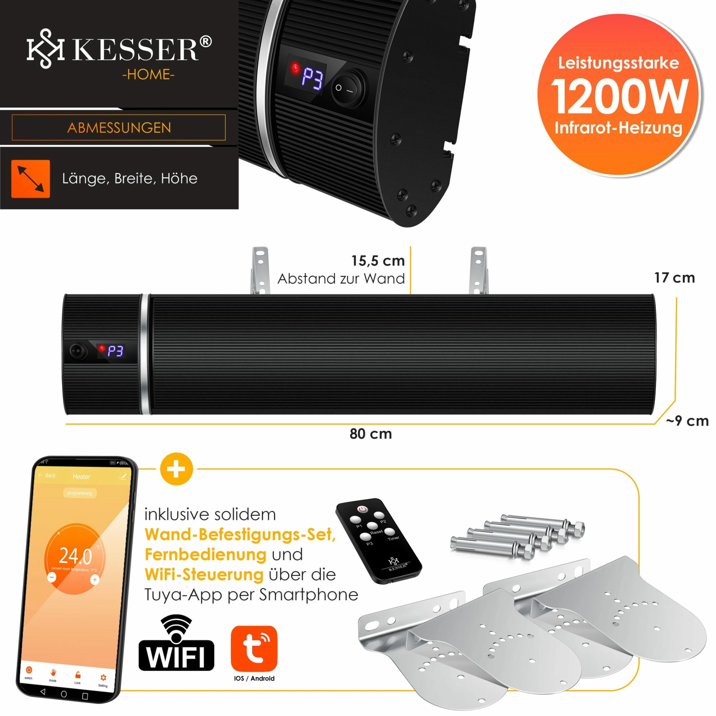 KESSER® Dunkelheizstrahler Heizstrahler Mit Fernbedienung & WiFi APP Terrassenheizer Infrarot-Heizstrahler Wand-Heizstrahler Schwarzstrahler Quarzstrahler Terrassenstrahler Balkonheizer Timer – Bild 5